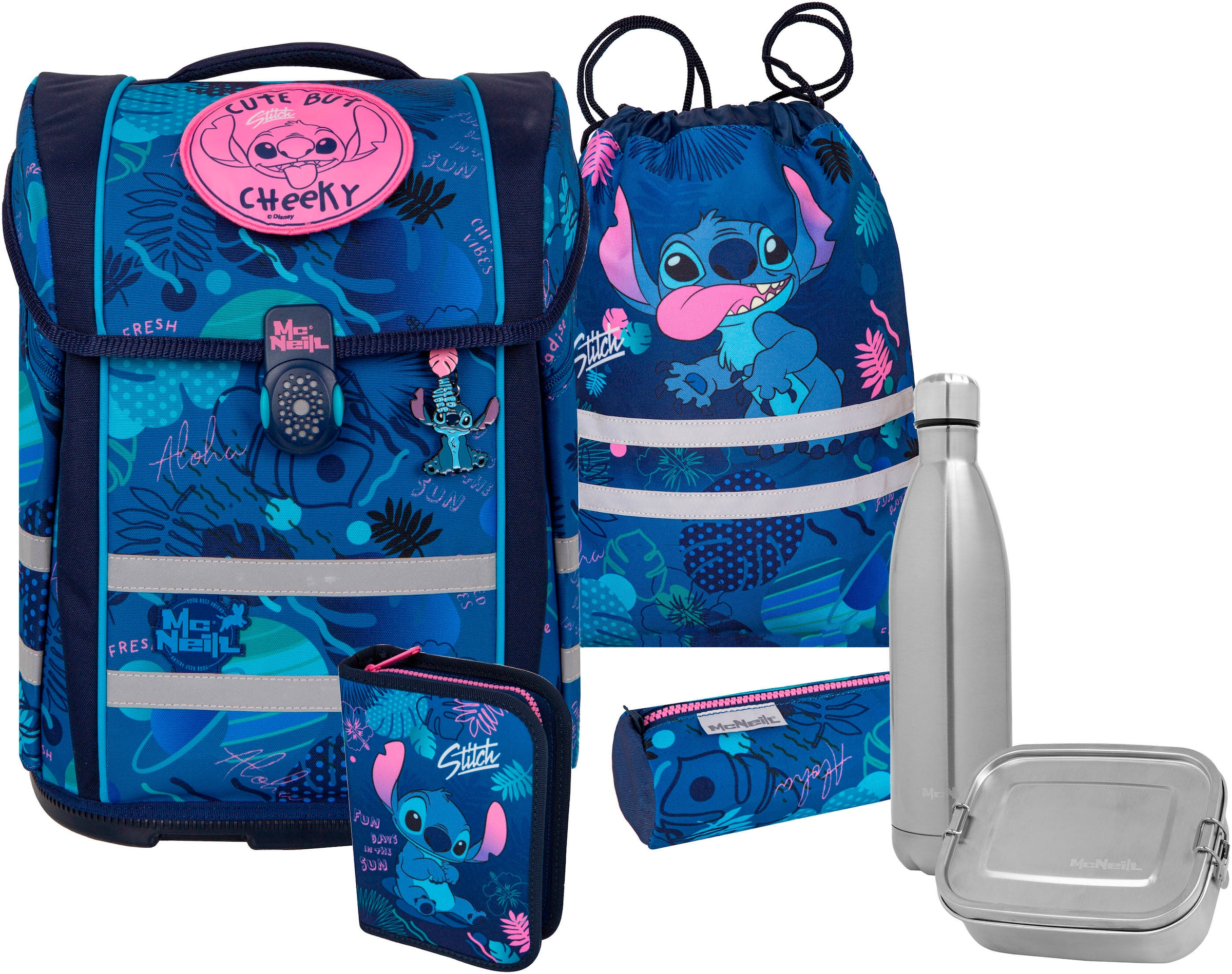 McNeill, Unisex, Schulranzen »Perfecto, Disney, Stitch« reflektierende Streifen auf den Schultergurten;retroreflektierende Flächen inkl. Federmäppchen