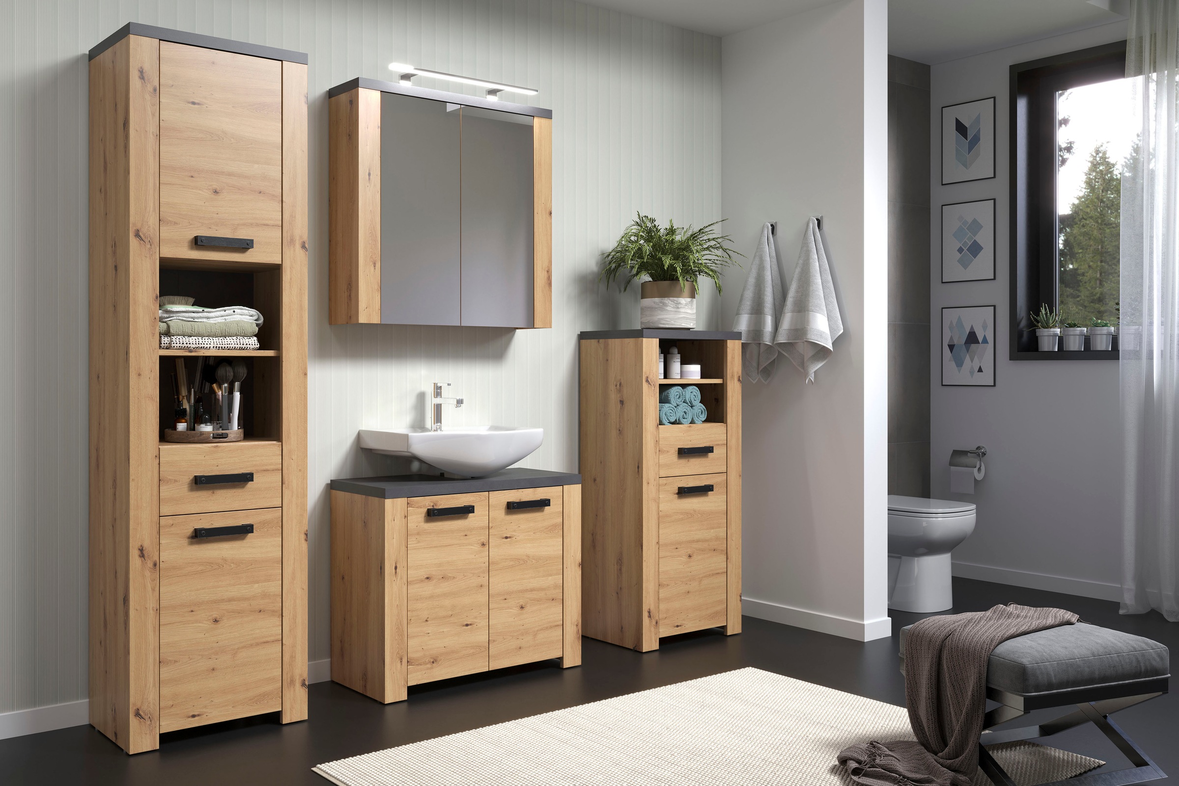 Home affaire Waschbeckenunterschrank »Ambres«, Waschtisch in matter Echtholzoptik - Maße (B/T/H) 79/35/67 cm