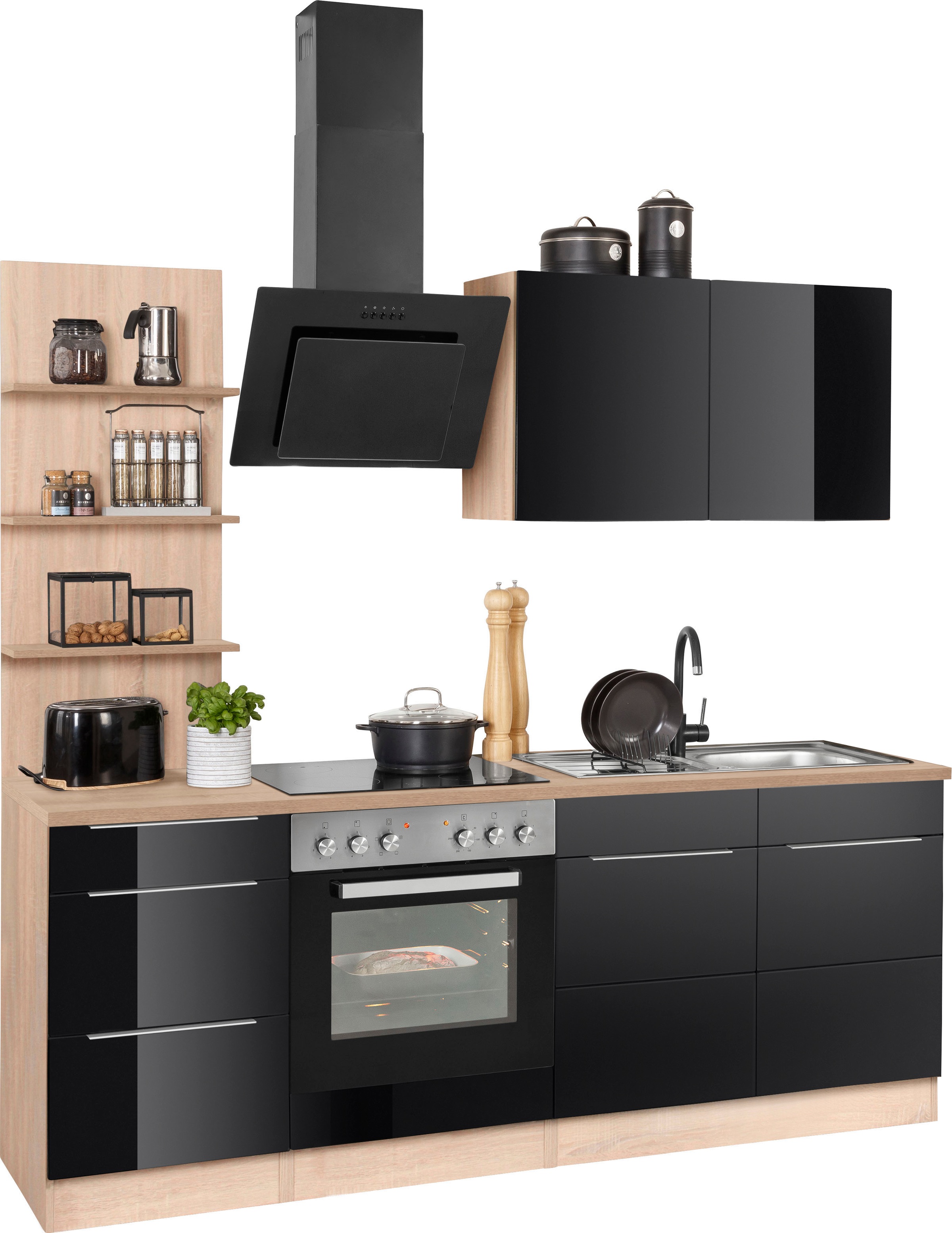 KOCHSTATION Küchenzeile »KS-Brindisi«, Breite 210 cm, wahlweise mit E-Geräten, mit MDF-Fronten und Regal