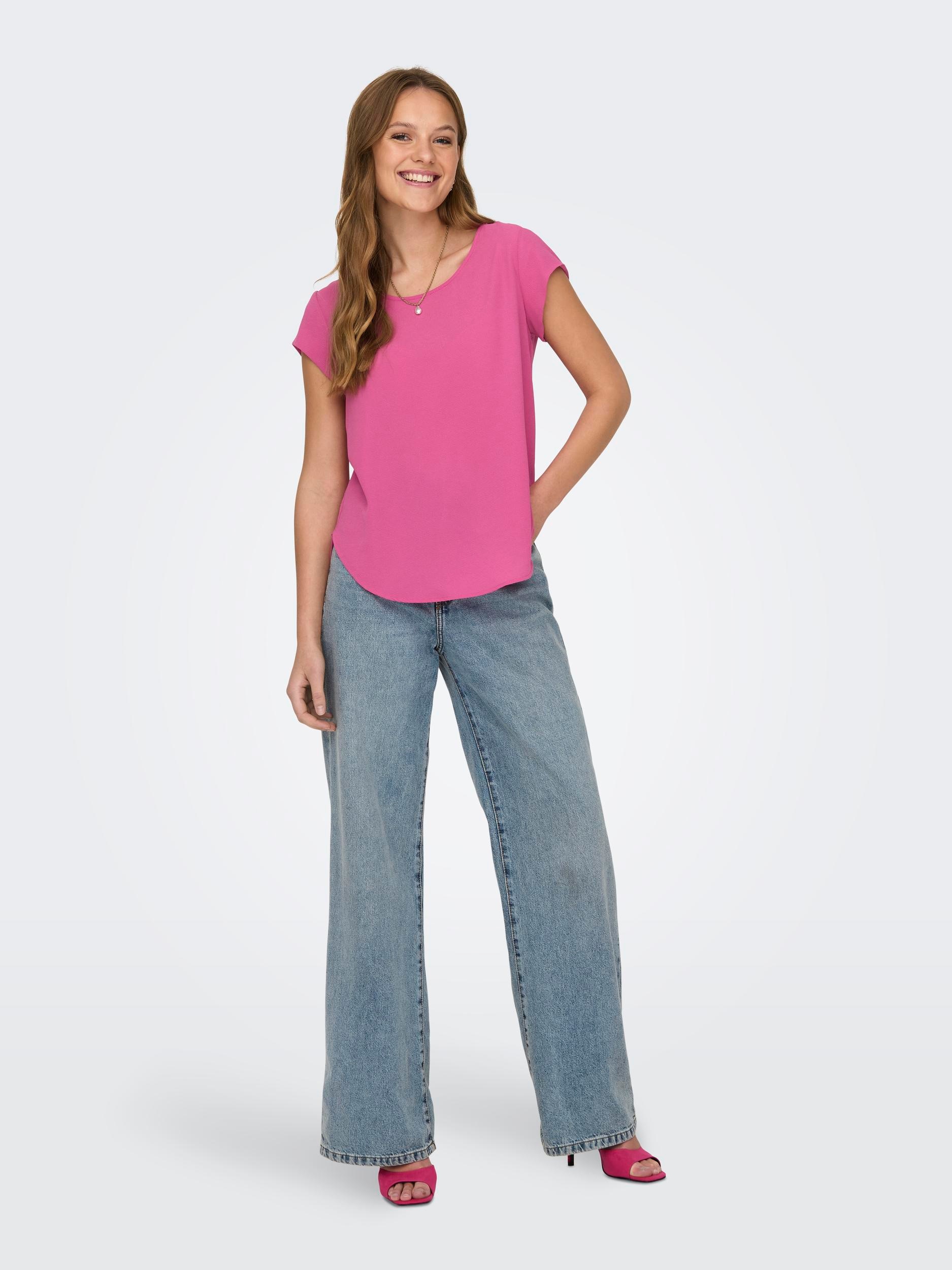 ONLY Kurzarmbluse »ONLVIC – feminines Blusenshirt in lockerer Form«, regular fit, Web, Kunstfaser, Rundhals, unifarben