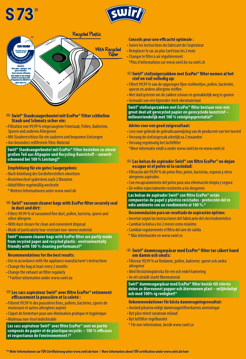 Swirl Staubsaugerbeutel »Swirl® S 73 EcoPor® XL Vorteilspack für Siemens und Bosch«, (Packung, 11 St.)