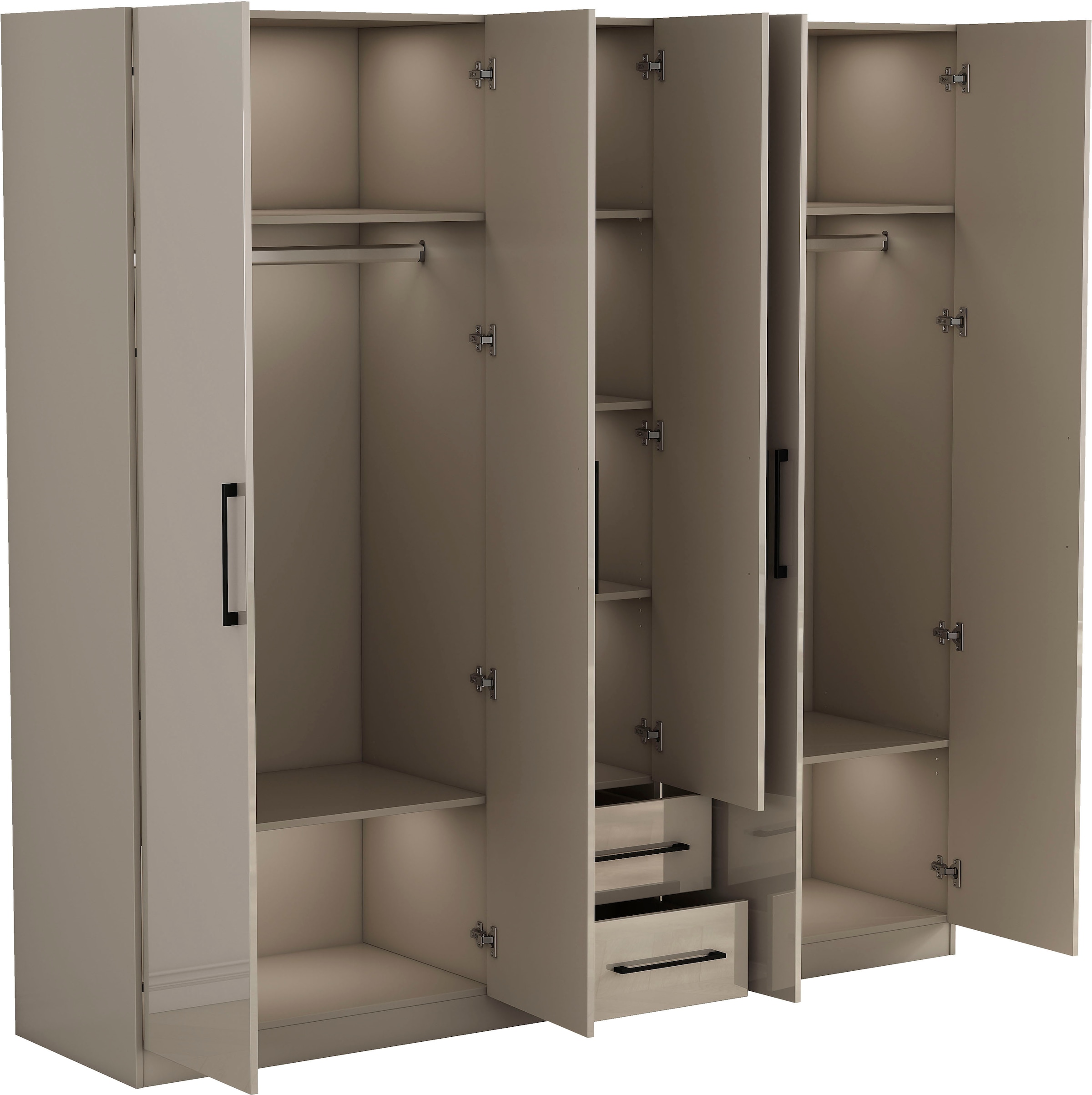 OTTO home Kleiderschrank »Sylt Schlafzimmerschrank Garderobe Schrank TOPSELLER in hochglanz weiß« 5 Türen, 2 Schubladen, schwarze moderne Griffe, 7 Einlegeböden,  Drehtürenschrank mit perfekter Innenausstattung, Breite 200cm