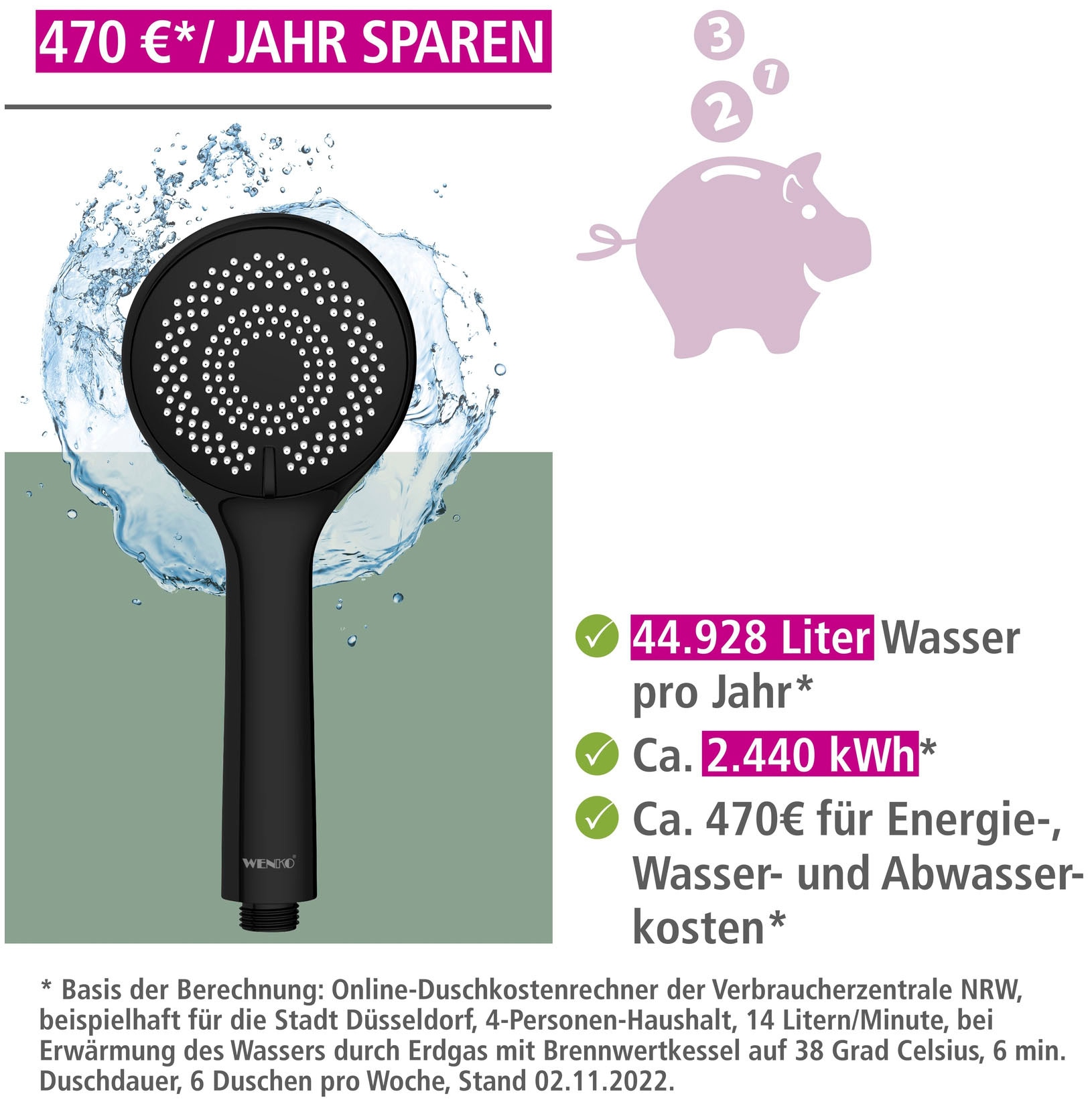WENKO Handbrause »Watersaving«, (1 tlg.), Schwarz matt, Ø 9,5 cm