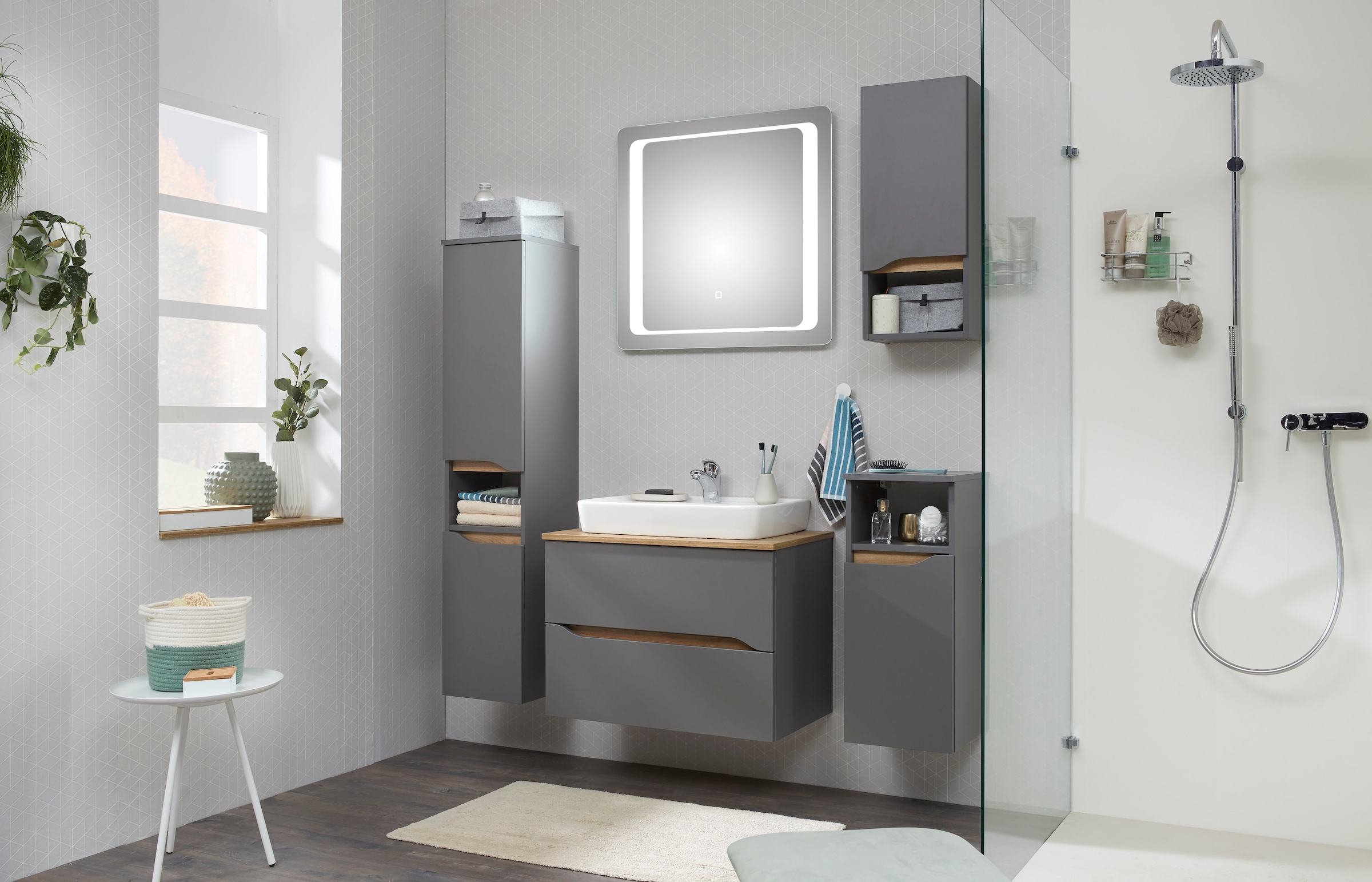 Saphir Badmöbel-Set »Quickset 5-teilig, Keramik-Aufsatzbecken mit LED-Spiegel« 7 Stk. tlg.