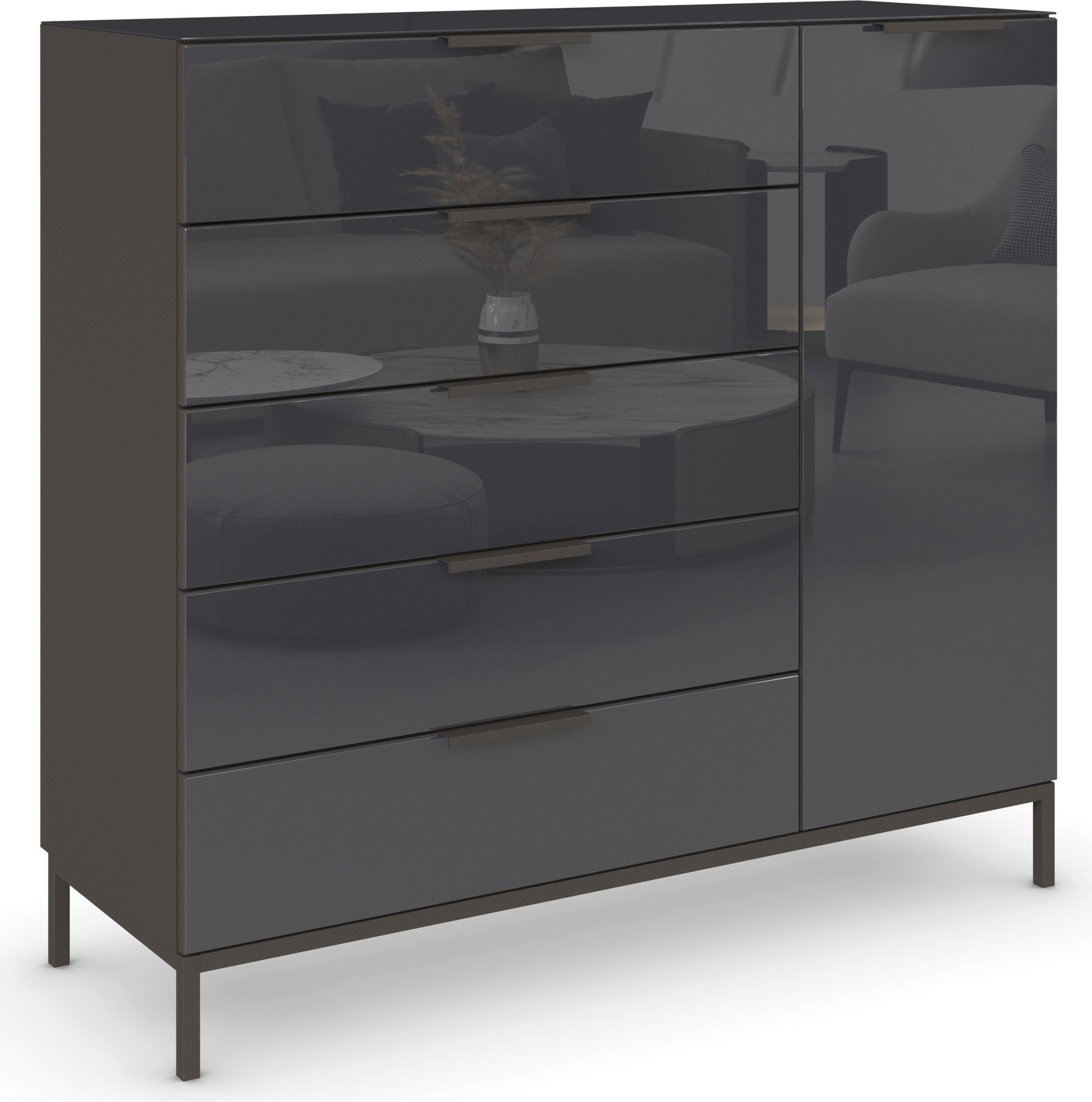 rauch Kombikommode "Kommode Türkommode Sideboard Kombikommode FLIPP mit Glasfront" Breite 120 cm mit 2 Einlegeböden, 1-türig, 5 Schubladen, Soft-Close-Funktion, Oberboden und Front Glas