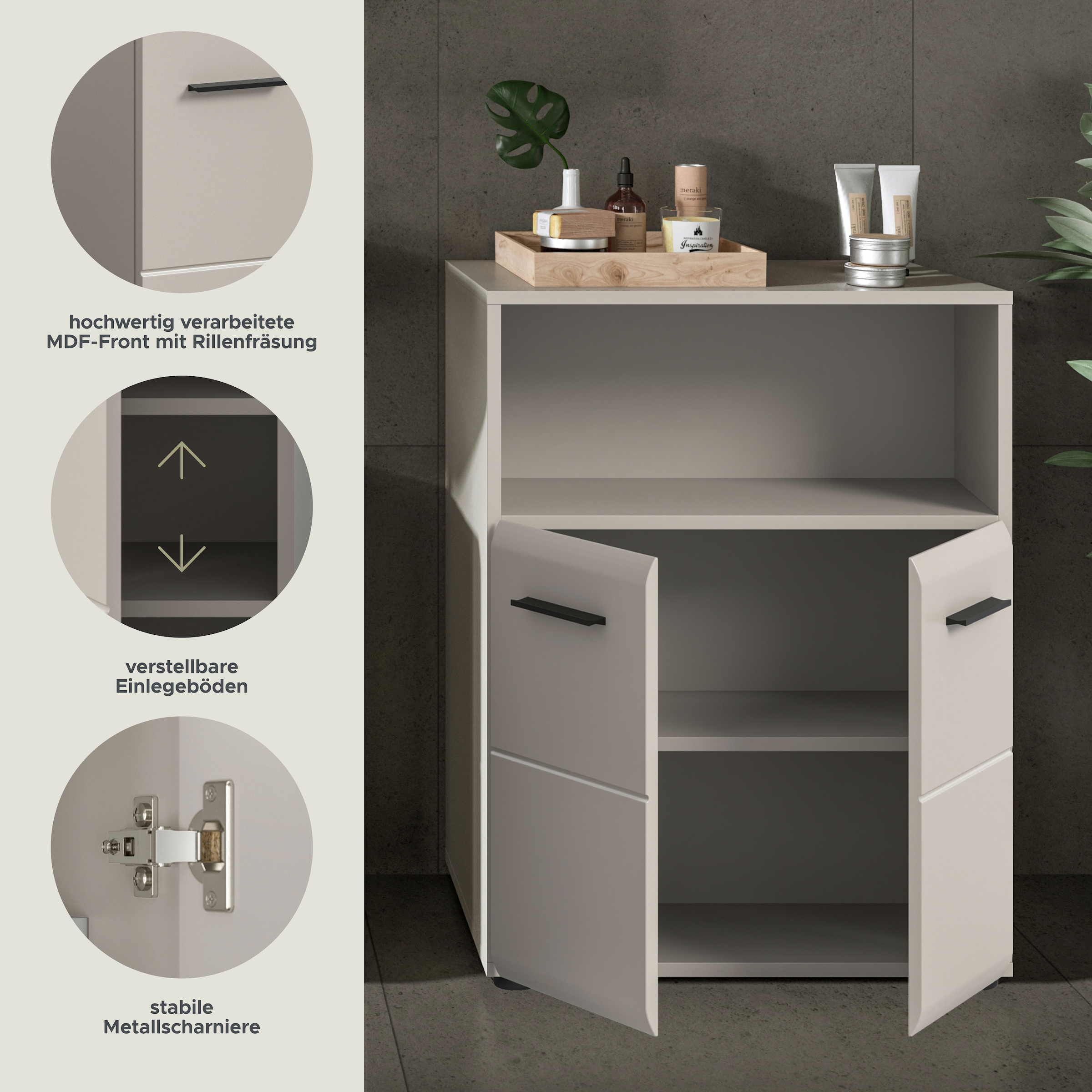 welltime Midischrank »FLORENZ,  Breite 60 cm, 2 Türen, 1 Fachboden, 1 offene Fach« TOPSELLER!, 1 Stk. tlg. hochwertige MDF Front, Griff schwarz, Badschrank, Bad