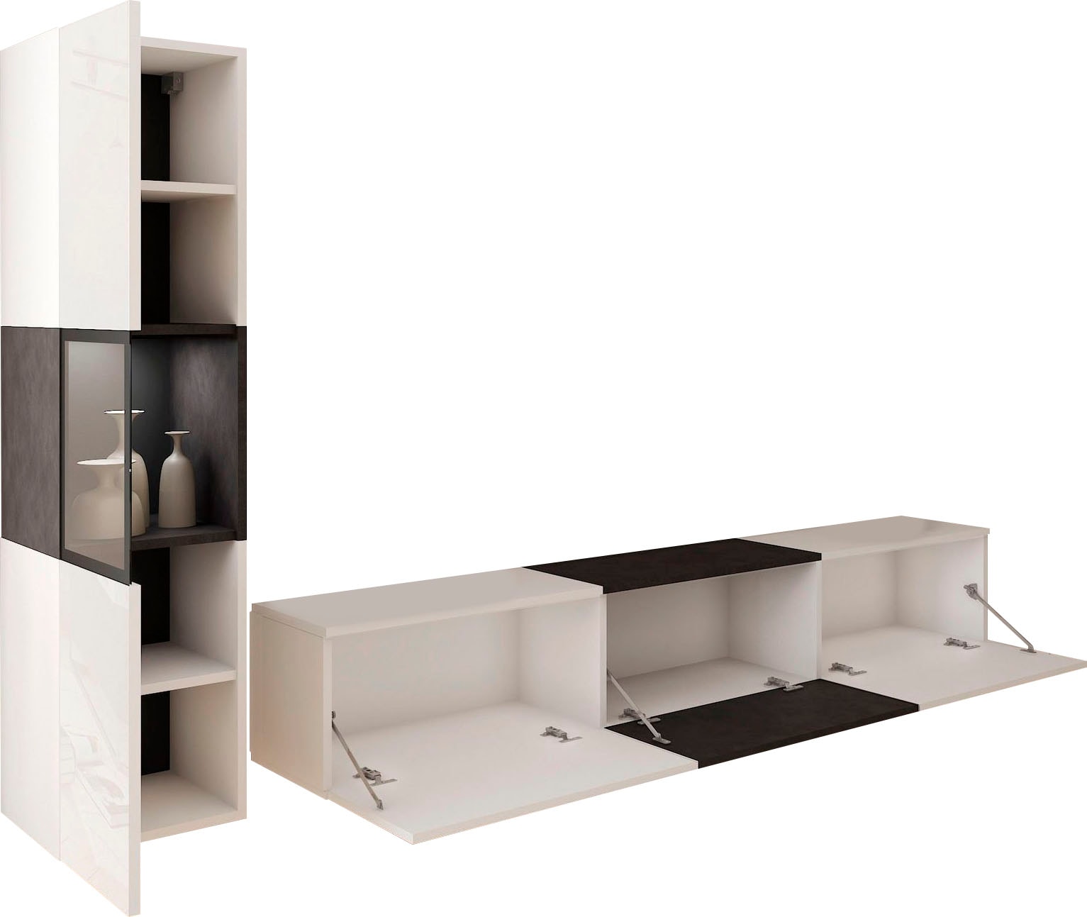 INOSIGN Wohnwand »BERLIN I«, (Komplett-Set, 2 St.), moderne grifflose Mediawand Breite 220 cm, Vitrine mit Verglasung