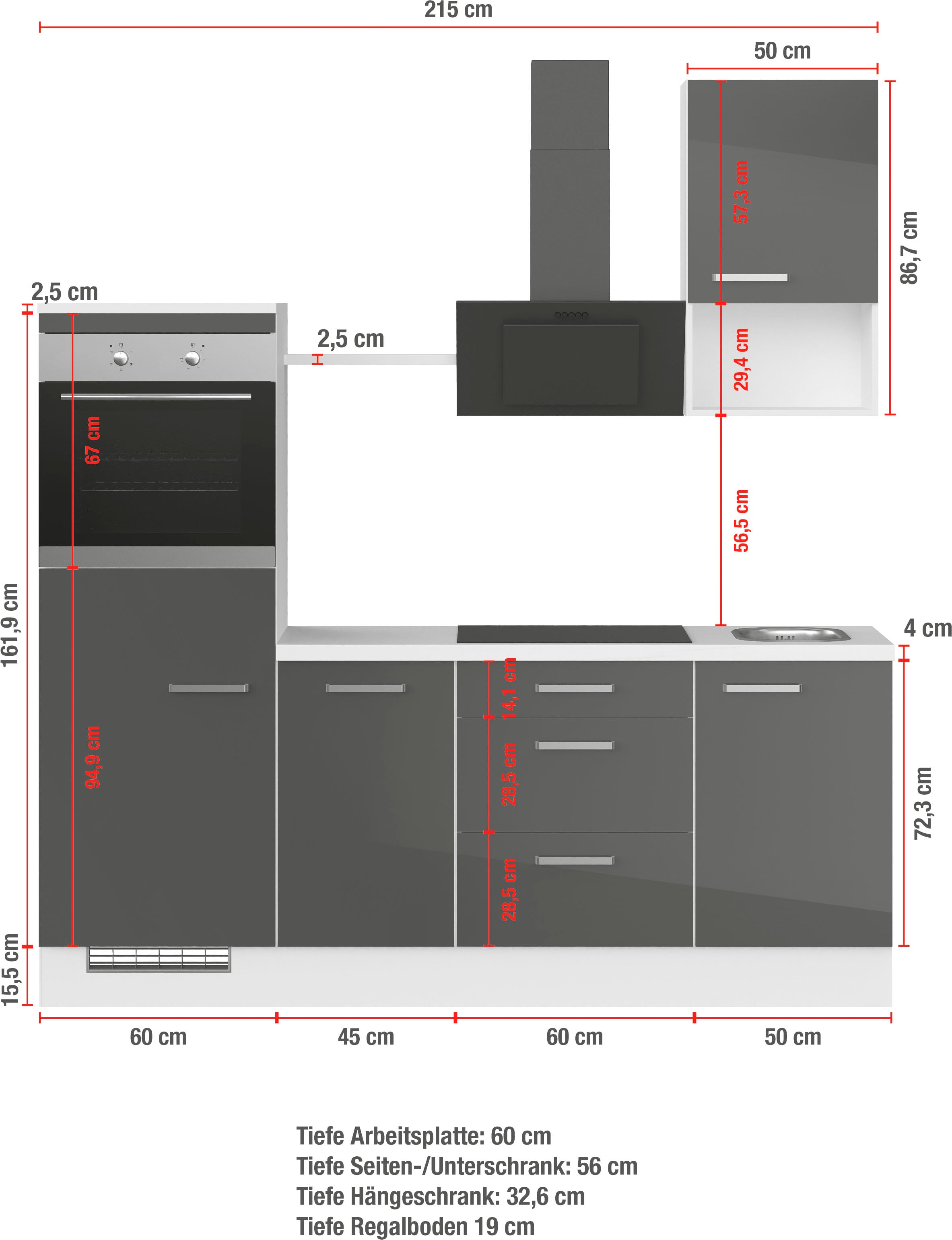IMPULS KÜCHEN Küchenzeile »"Turin", Ausrichtung wählbar, Schubkästen mit Soft-Close,« vormontiert, wahlw. mit E-Geräten, Breite 215 cm