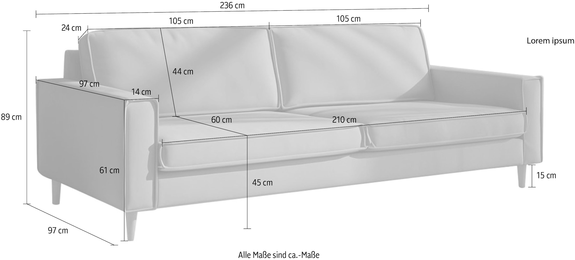 Home affaire 3-Sitzer »Pinto Skandi,Maxi-Ausführung, 236 cm, Chenille, Struktur« mit Keder, Massivholzfüße Eiche geräuchert, Wellenunterfederung