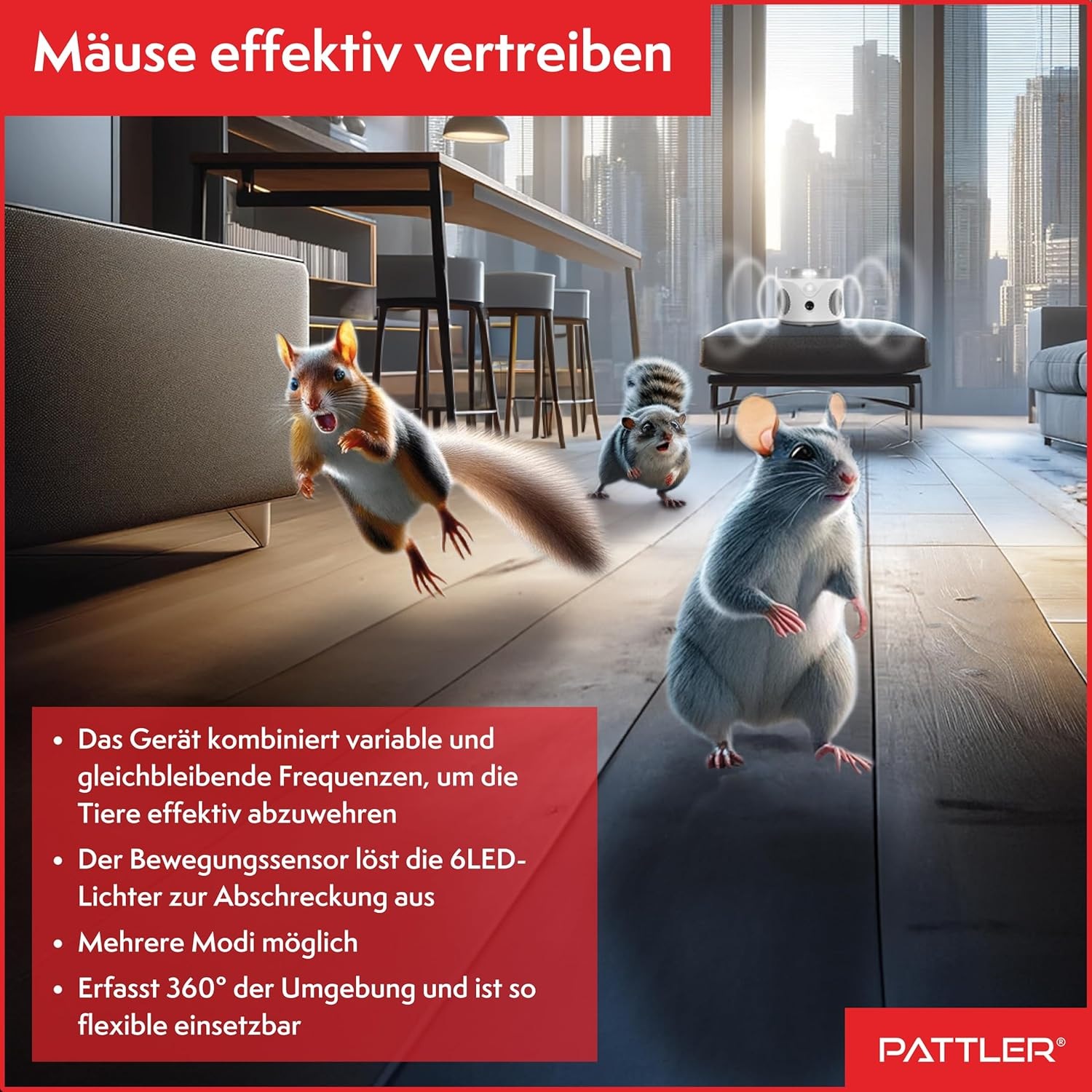 Pattler Ultraschall-Tierabwehr »360° Ultraschall Mäuseabwehr« 1 Gerät