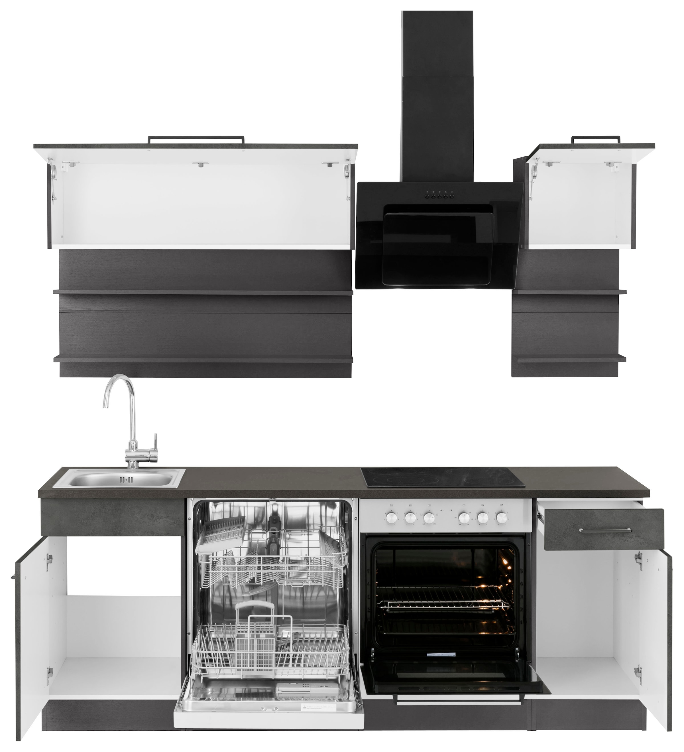 Fronten Küchenzeile Breite Rechnung E-Geräten, mit MDF cm, 210 Metallgriffe, auf kaufen schwarze »Tulsa«, MÖBEL HELD