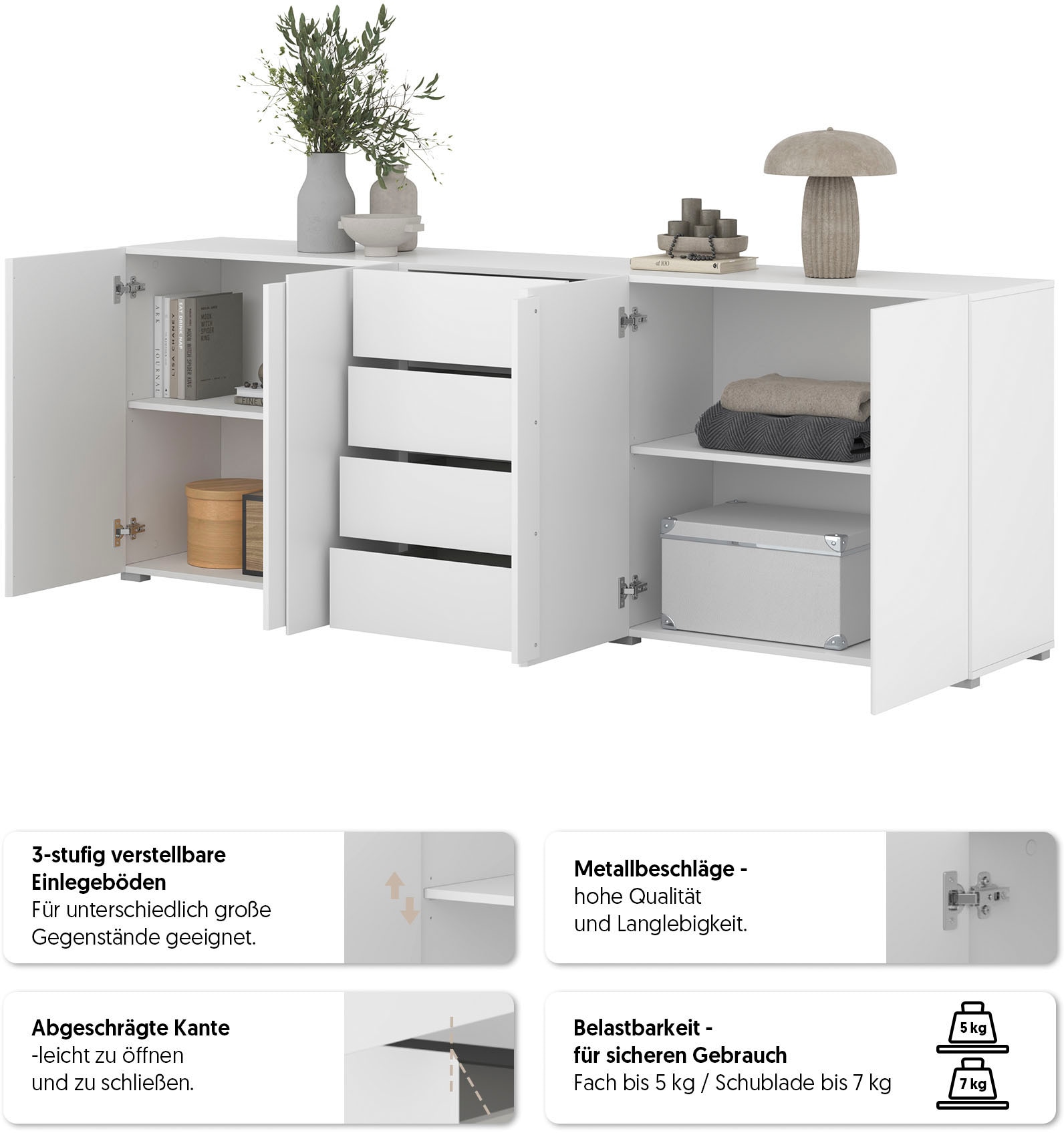 OTTO home Sideboard »Metric,Breite 222 cm, grifflose Kommode 4 Türen/4 Schubkästen« Schubladenschrank mit viel Stauraum, Einlegeböden verstellbar