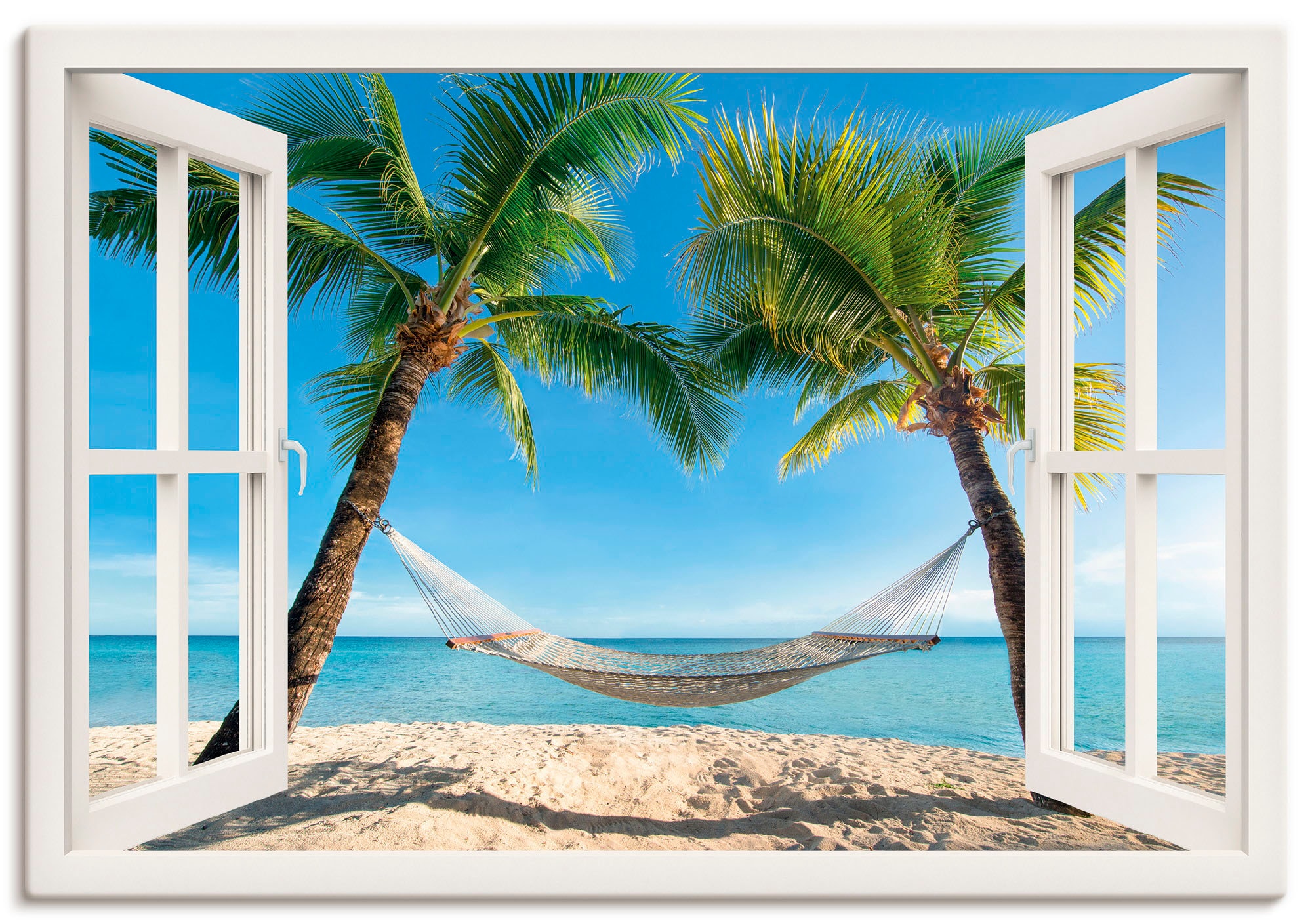 (1 Größen Wandbild »Fensterblick versch. auf oder Karibik«, Poster in kaufen als Rechnung Wandaufkleber Amerika, Leinwandbild, St.), Palmenstrand Alubild, Artland