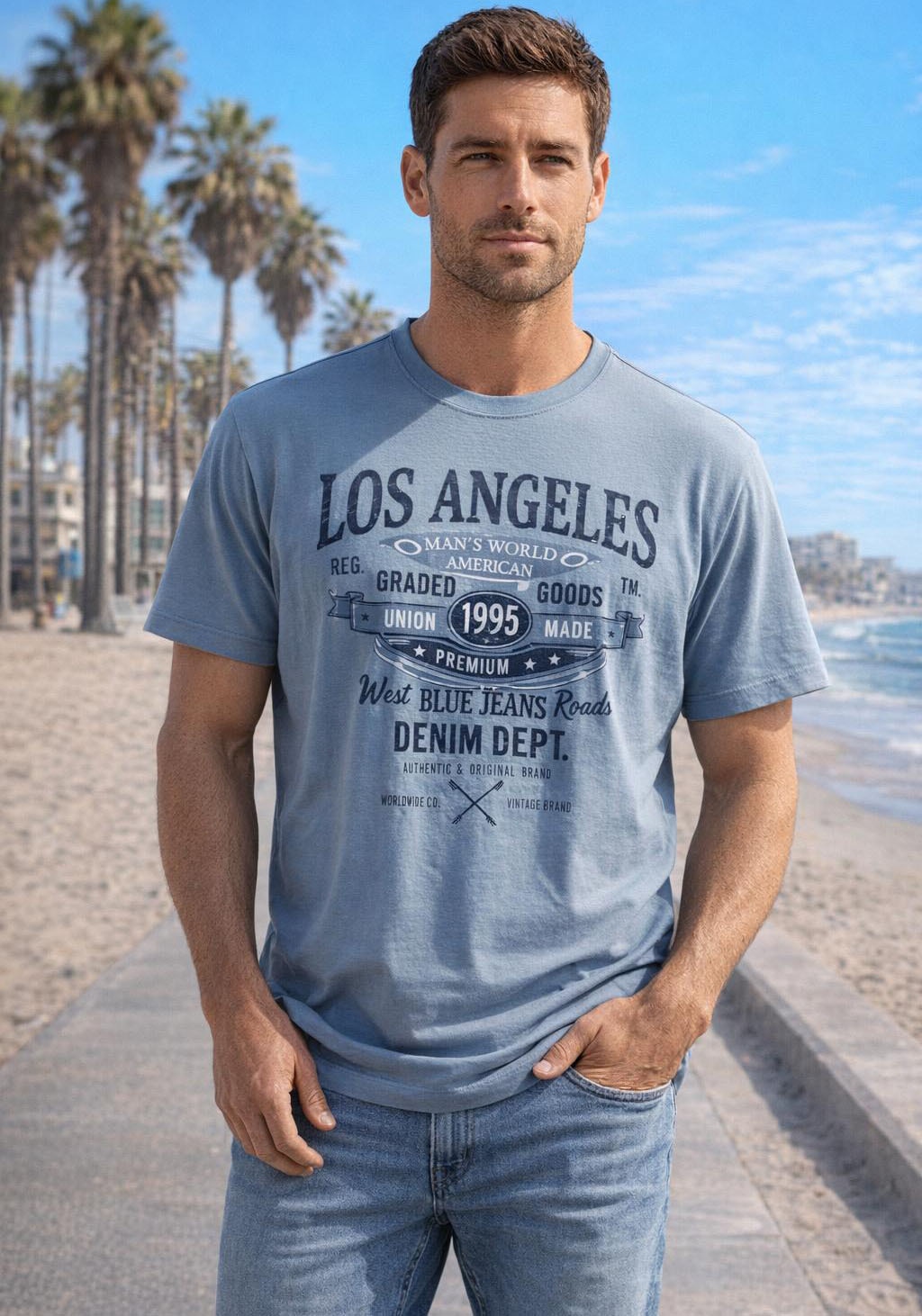 Man's World T-Shirt Kurzarm,  mit Print,  Rundhalsausschnitt,  aus Baumwolle