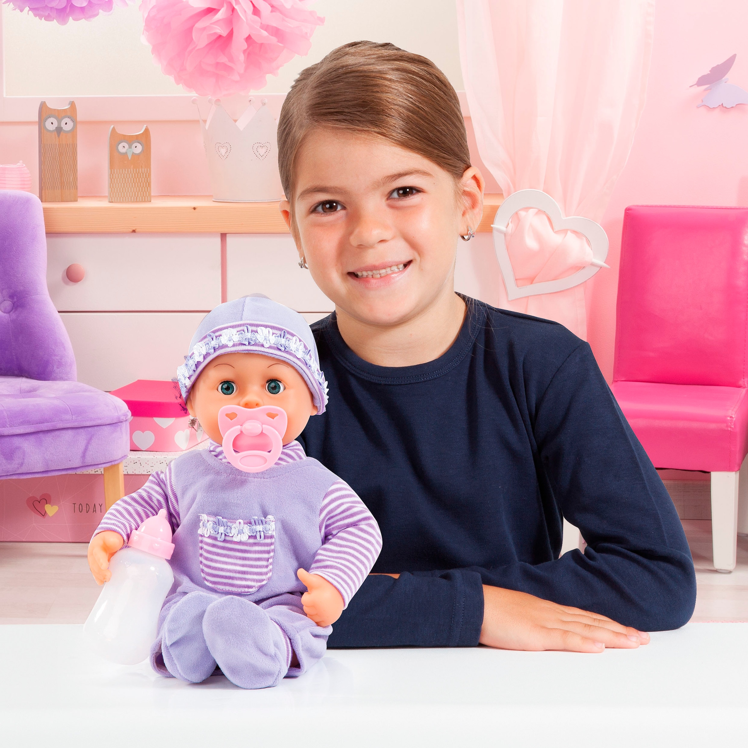 Bayer Babypuppe »First Words Baby, 38 cm, lila«, (3 tlg.), mit Schlafaugen und Babygeräuschen