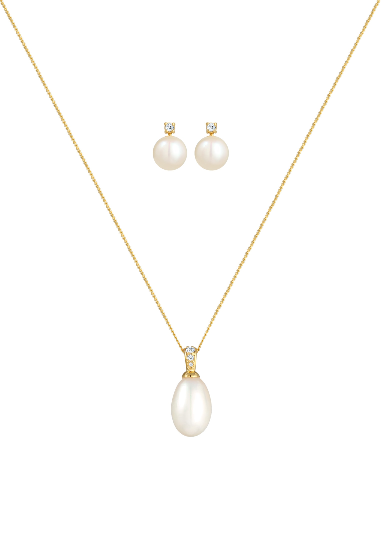 Elli DIAMONDS Ohrring und Ketten Set »Schmuckset Set mit Perlen Diamant Weiß Brillantschliff (0.11ct) 585 Gelbgold«