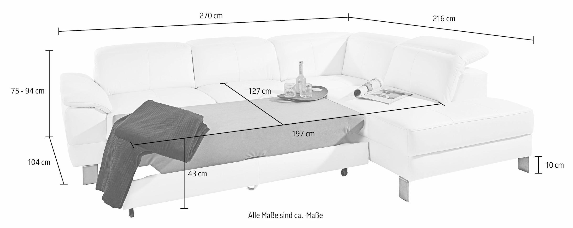 exxpo - sofa fashion Ecksofa »Mantua, L-Form«, mit Kopf- bzw. Rückenverstellung, Bettfunktion u. Bettkasten