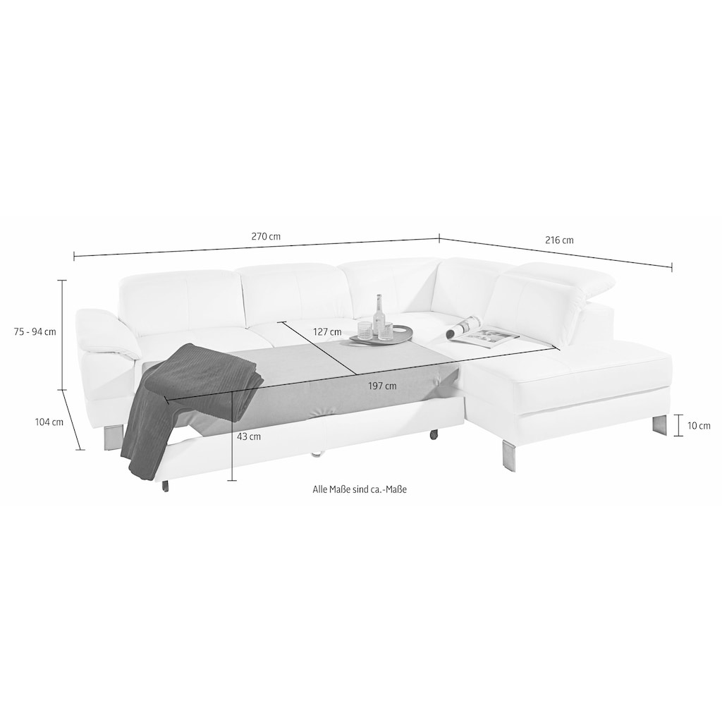 exxpo - sofa fashion Ecksofa, inkl. Kopf- bzw. Rückenverstellung, mit Bettfunktion und Bettkasten