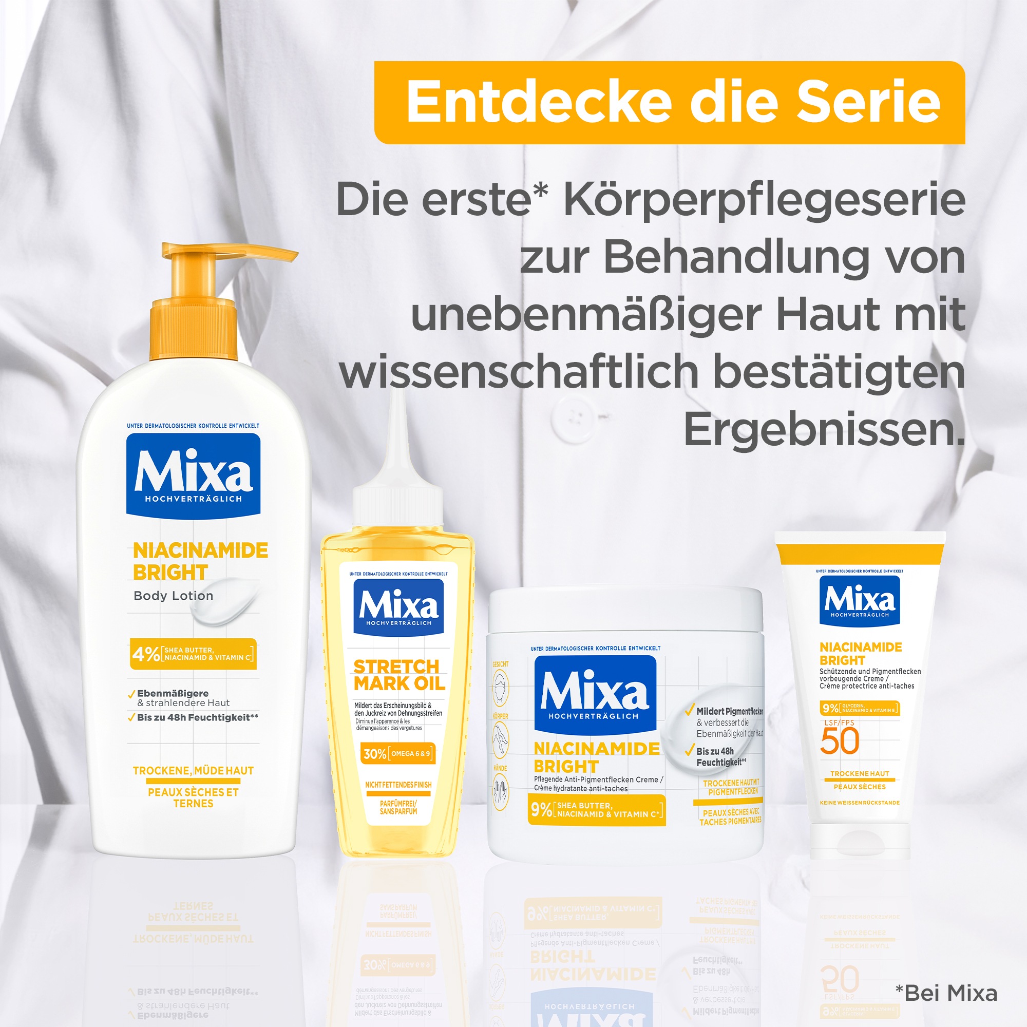 Mixa Körpermilch »Mixa Niacinamide Bright Body Lotion«, Pflegt müde und trockene Haut, sorgt für bis zu 48h Feuchtigkeit.