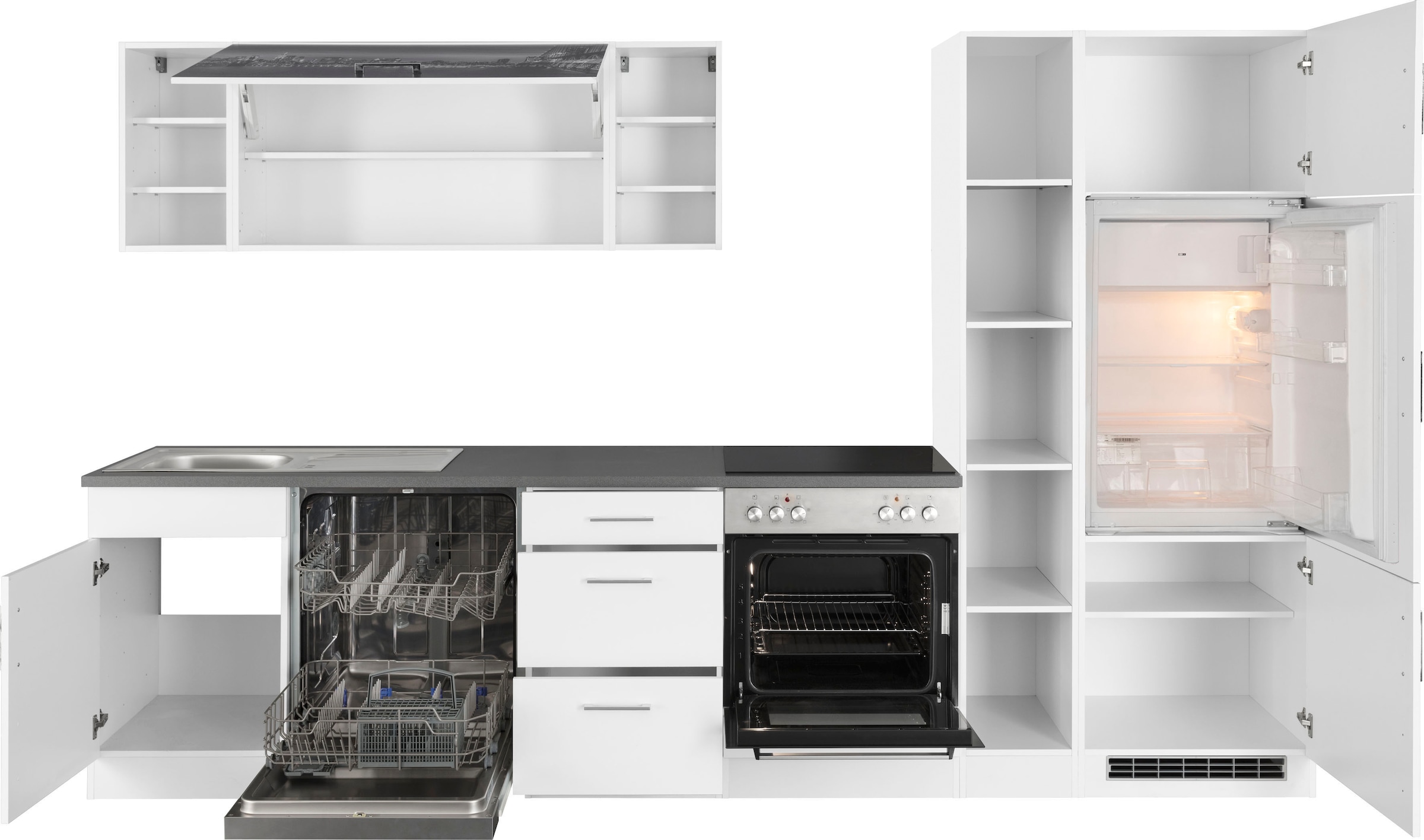 KOCHSTATION Küchenzeile »KS-Paris – Küchen mit einzigartigen Fotomotiven auf den Fronten« Breite 310 cm, wahlweise mit E-Geräten, mit Motivdruck