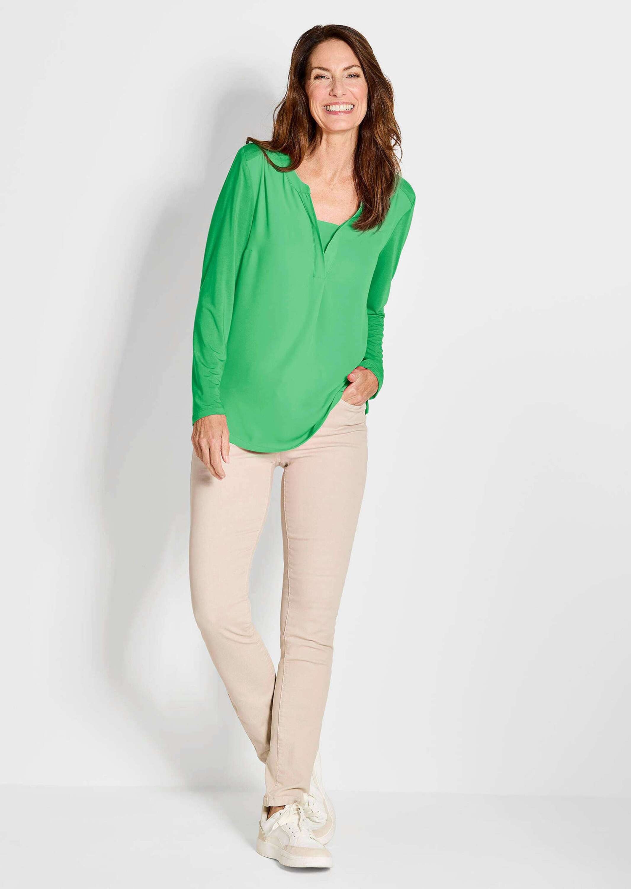 GOLDNER Kurzarmbluse »Elegantes Chiffonshirt mit Jersey-Details« Schlitz