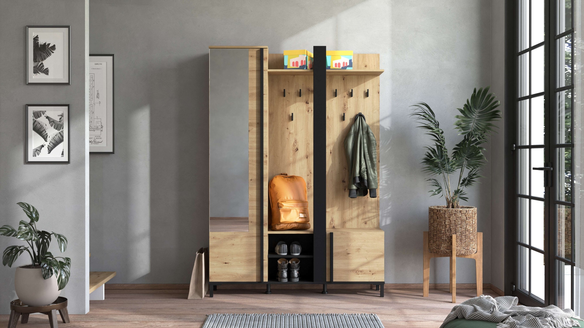 Home affaire Kompaktgarderobe »Nino Flurgarderobe, Dielenschrank, Flurmöbel, Garderobe, Breite 135 cm« Schuhschrank, Spiegel, Haken, viel Stauraum, ideal für kleine Räume