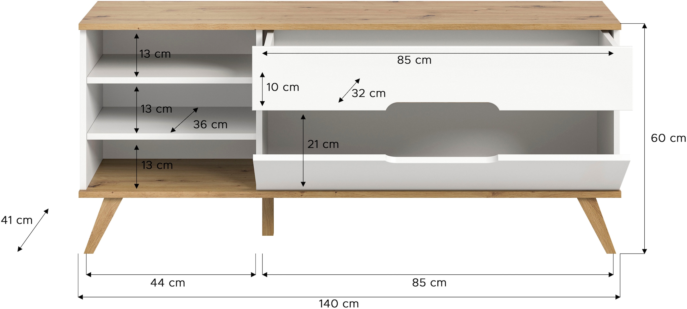 Home affaire Lowboard »Alesund, Breite 140 cm, 1 Klappe, 1 Schubkasten, konischer Fuß«, Scandi-Look, TV-Möbel, TV-Schrank, TV-Lowboard, Mediaboard, Wohnmöbel