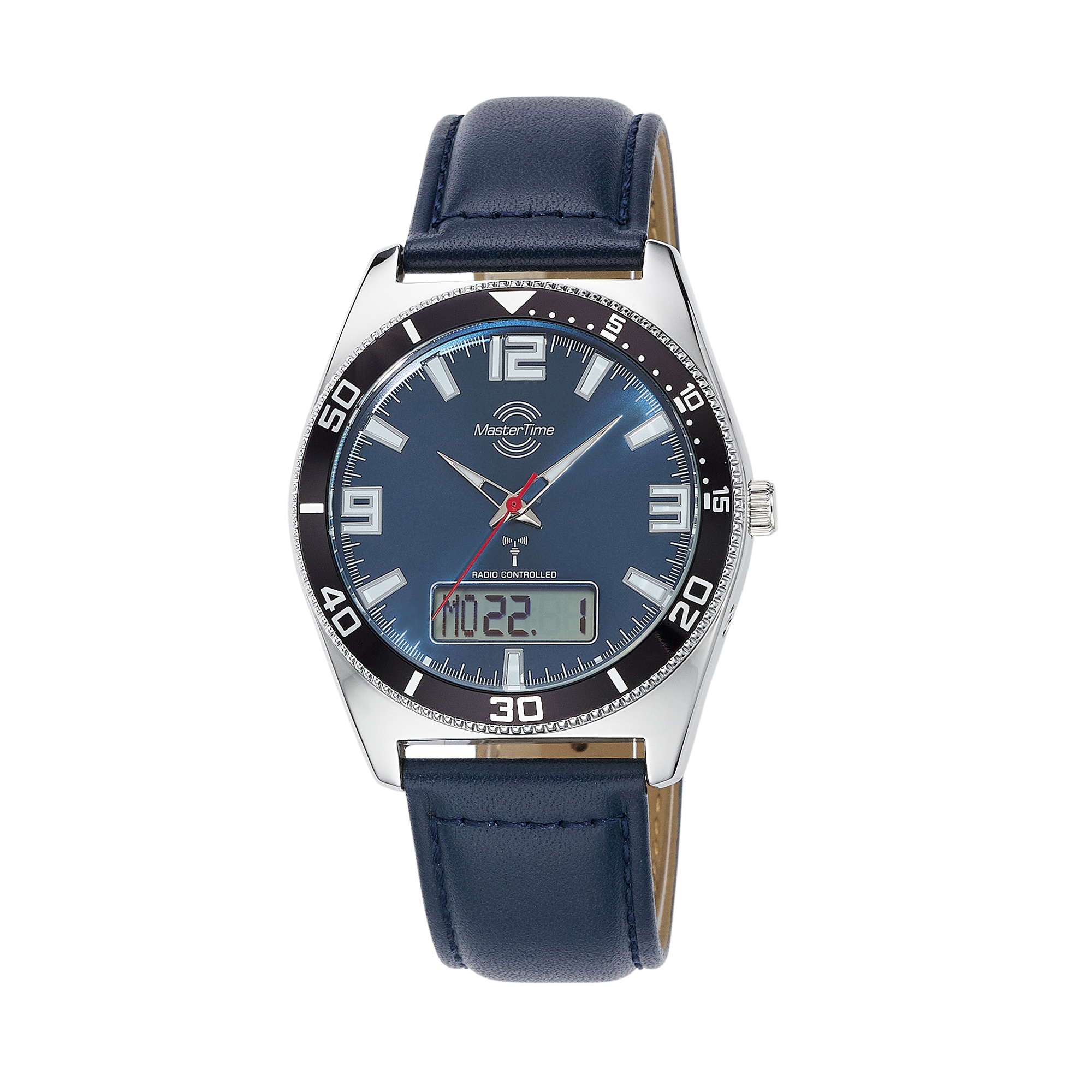 MASTER TIME Funkchronograph Quarzuhr, Armbanduhr, Herrenuhr, Lederarmband, analog, digital