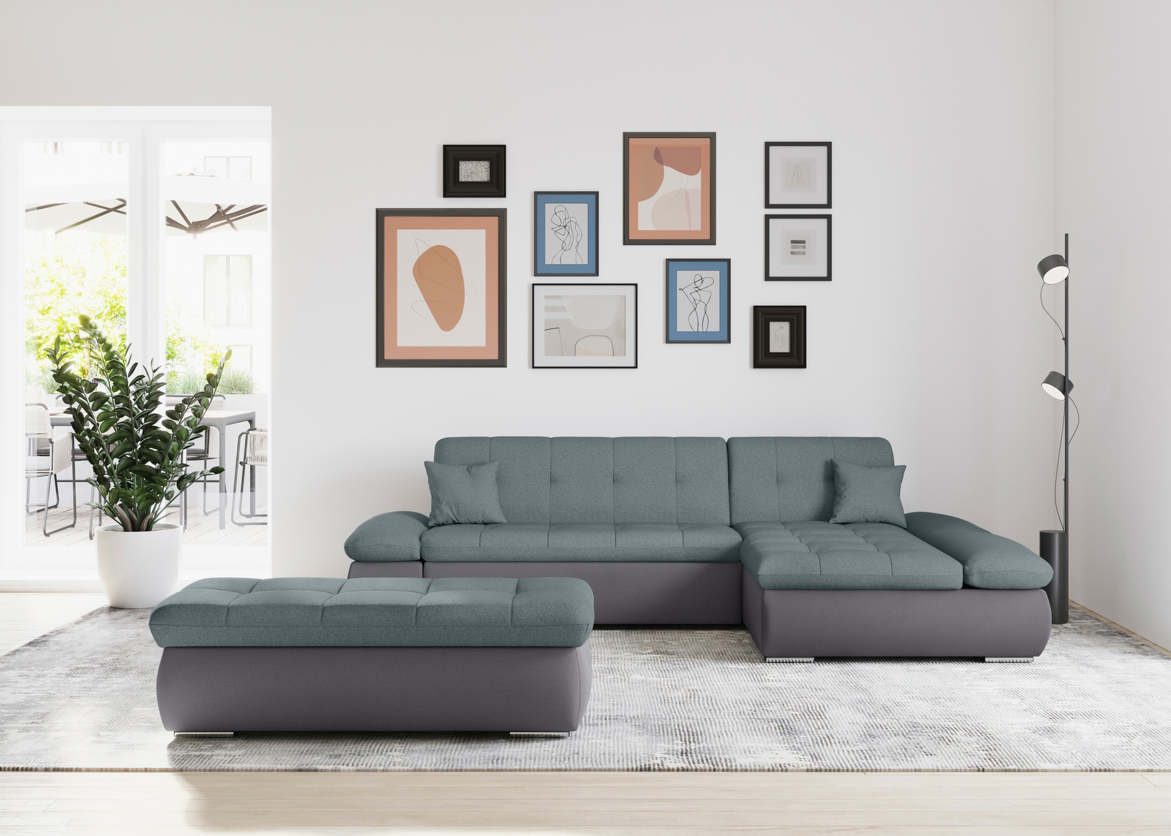 DOMO collection Ecksofa »Moric, L-Form, XXL-Sofa - Breite 300cm«, wahlweise mit Bettfunktion und Armteilverstellung, grau-eisblau