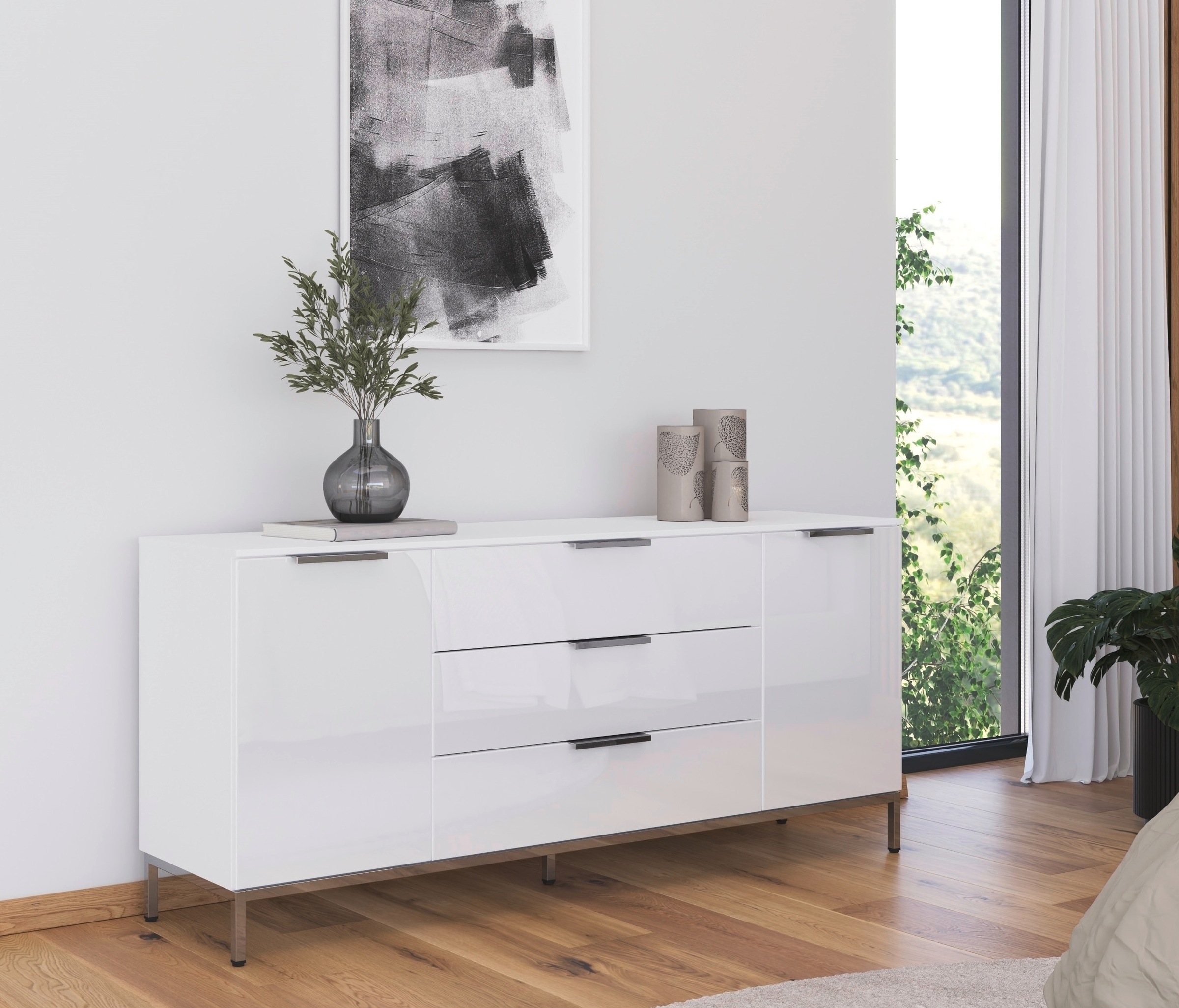 rauch Kombikommode »Kommode Türkommode Sideboard Kombikommode FLIPP mit Glasfront«, (Breite 160 cm mit 2 Einlegeböden), 2-türig mit 3 Schubladen und Soft-Close-Funktion sowie Glasfront