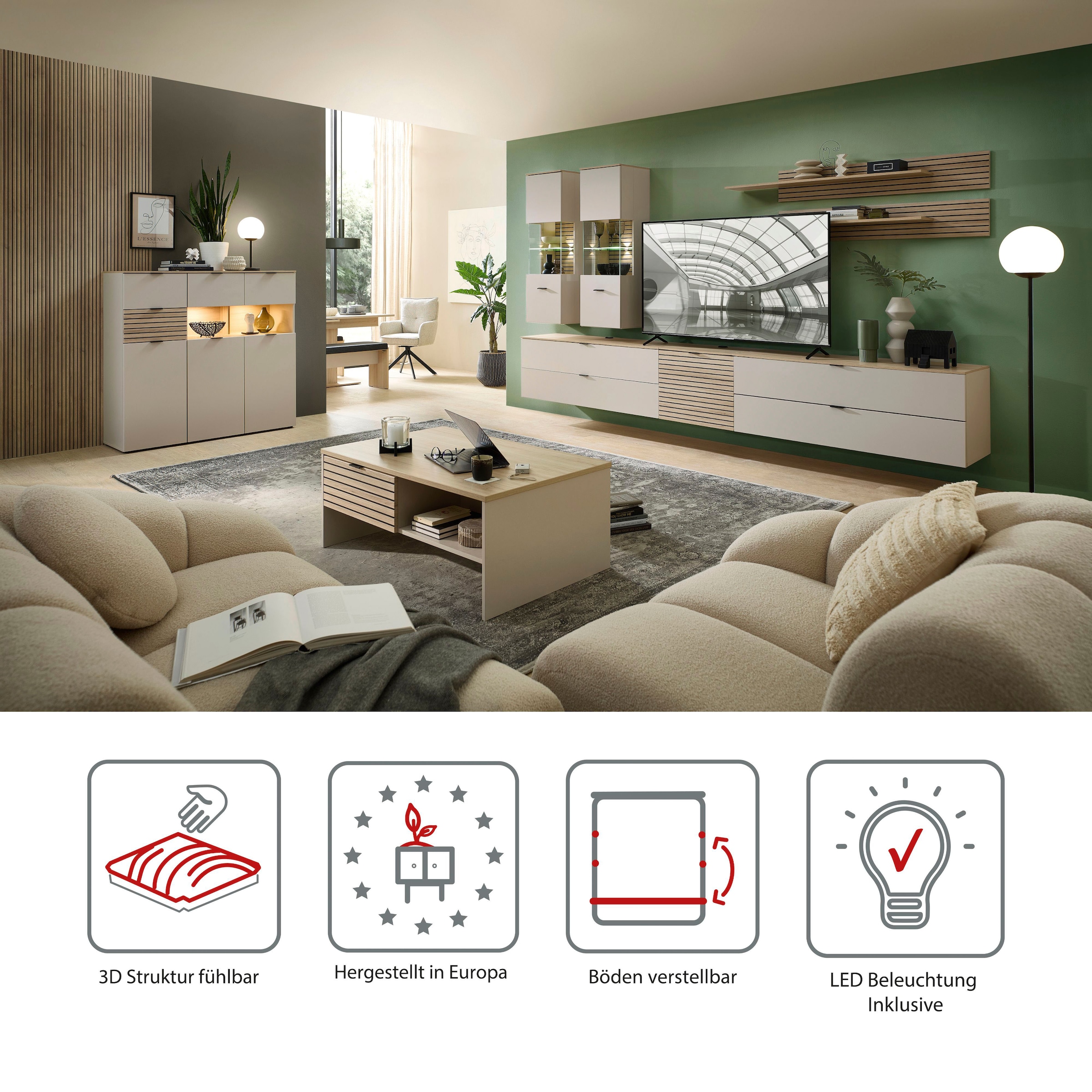 Innostyle Hängevitrine »INA Hängevitrine, 40 x 124 x 36 cm (B/H/T)« 1 Stk. tlg. L/R verwendbar, inkl. Beleuchtung, Softclose