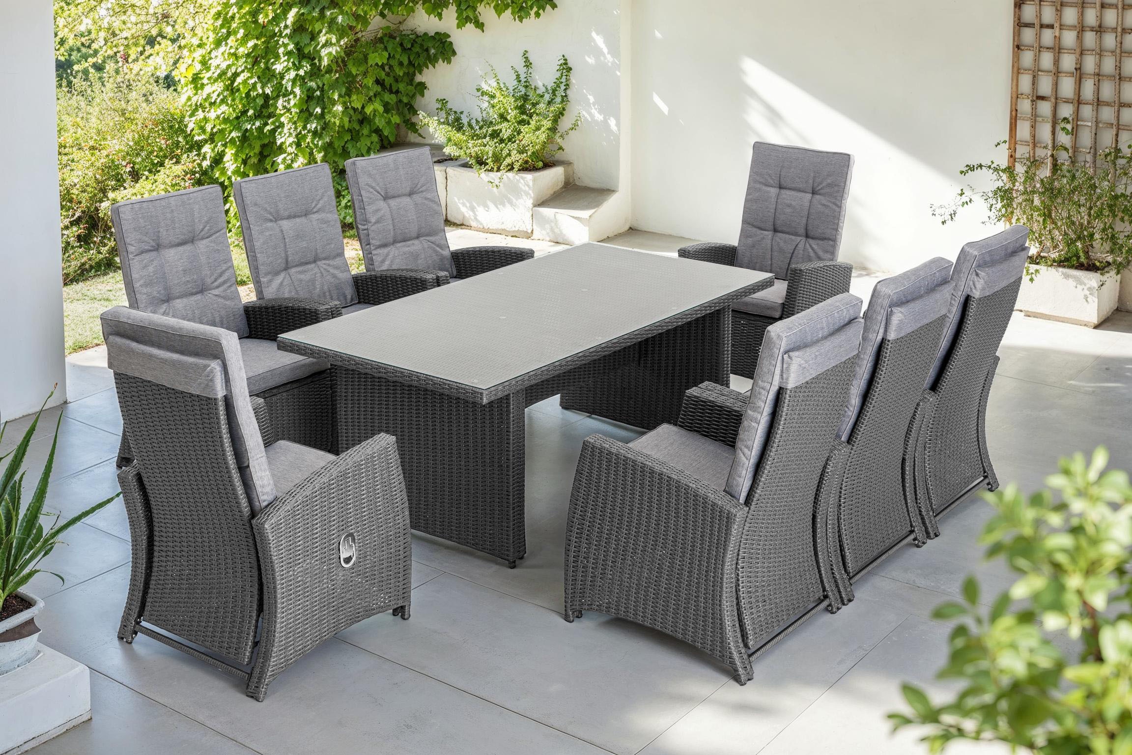 KONIFERA Garten-Essgruppe »»New Paris«« Set, 8 Sessel, Rückenlehne verstellbar, Tisch 100x200x75 cm, inkl. Auflagen, 25 Stk. tlg. Aluminium/Polyrattan