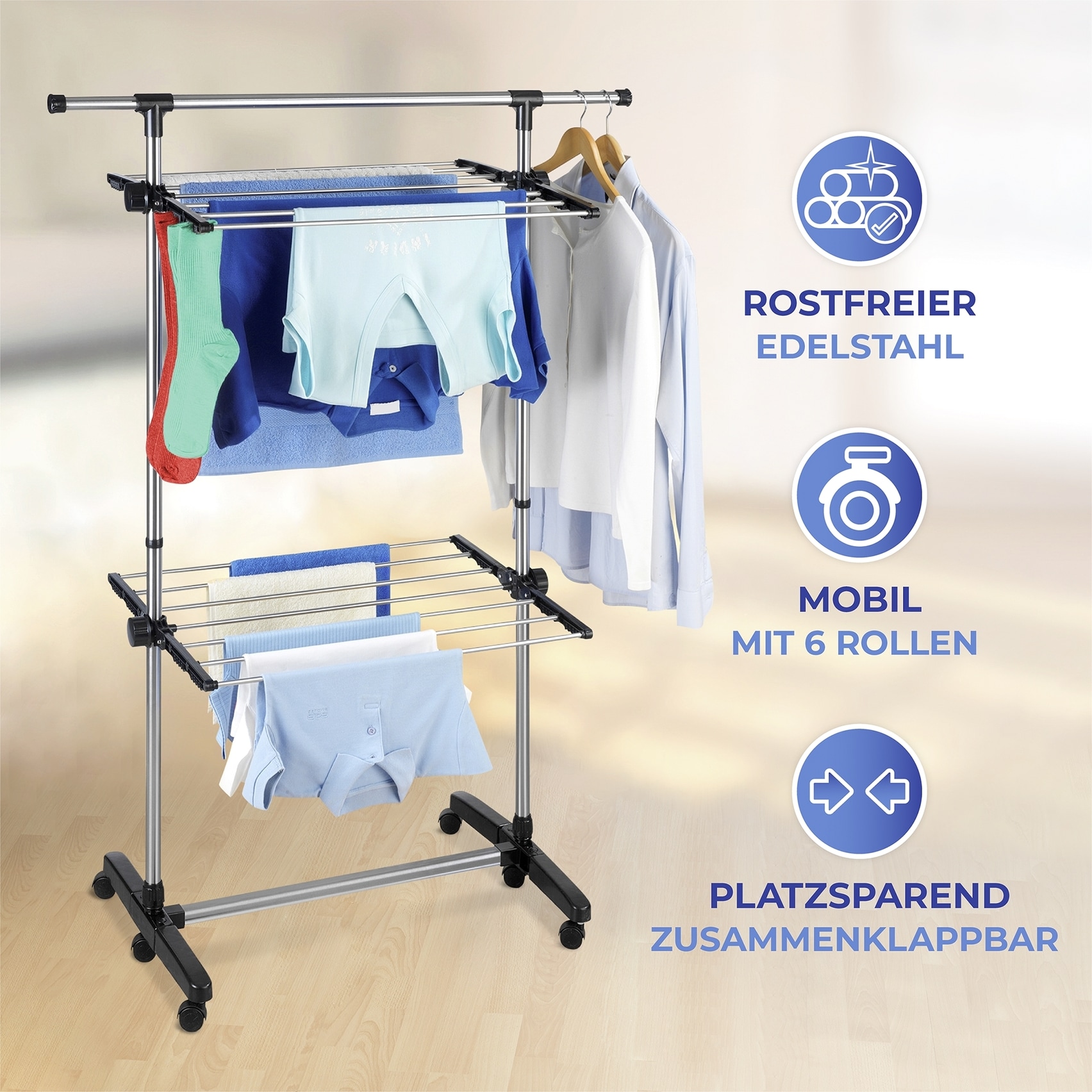 Maximex Turmwäscheständer »Modell Platzsparend«, Wäscheständer mit 2 Etagen und 6 Rollen, Trockenlänge 11 m, klappbar