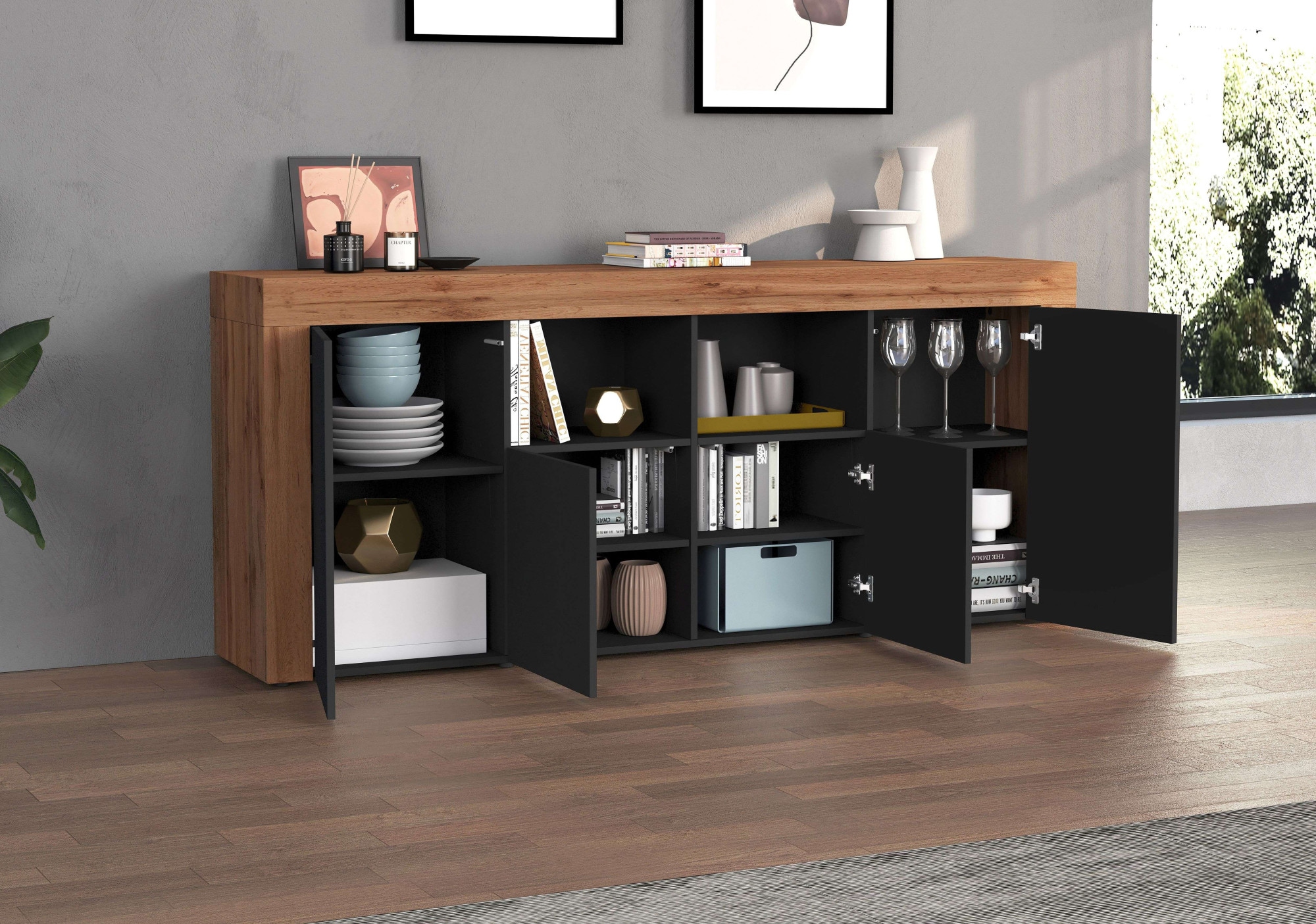 INOSIGN Sideboard »CHRONOS Breite 200 cm mit 4 Türen, 2 offene und 8 geschlossene Fächer«, (1 St.), Sideboard,Kommode, Schrank, Grifflos mit Push to Open, Made in Italy