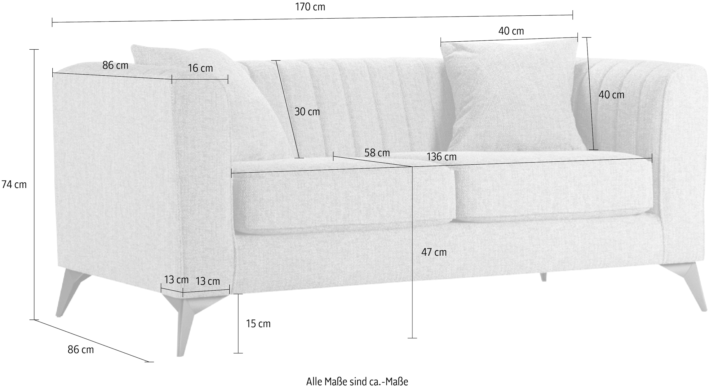 Places of Style 2-Sitzer »MATTHEW elegantes Designsofa, Maße B/T/H: 170/86/74 cm«, Steppung im Rücken, lose Sitzkissen, incl. Zierkissen