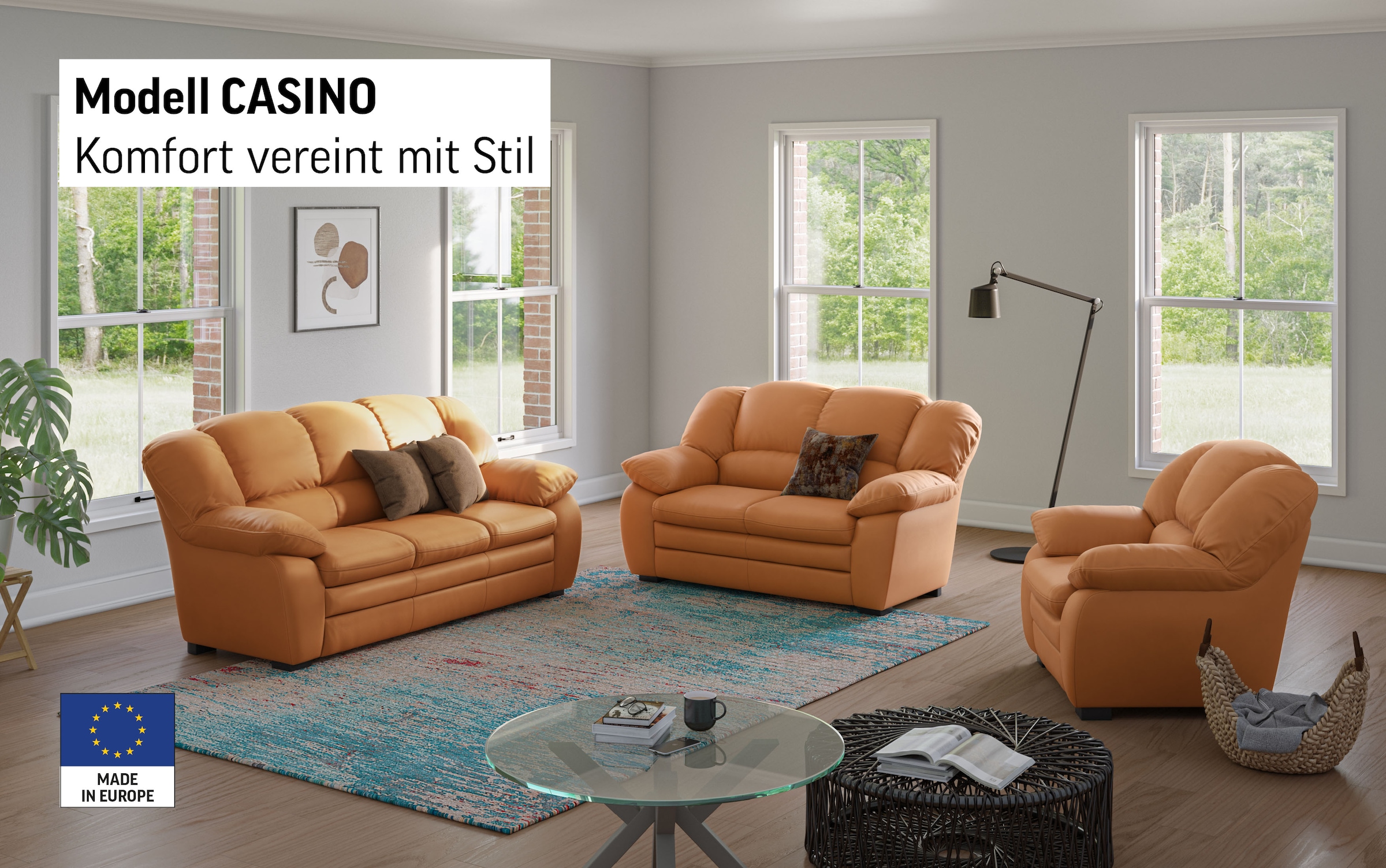 COTTA Polstergarnitur »Casino, Sofa Set, 3-2-1 Sitzer, Wohnzimmer Garnitur«, (Set, 3 tlg.), Sessel, 2-Sitzer, 2,5-Sitzer, hohe Rückenlehne