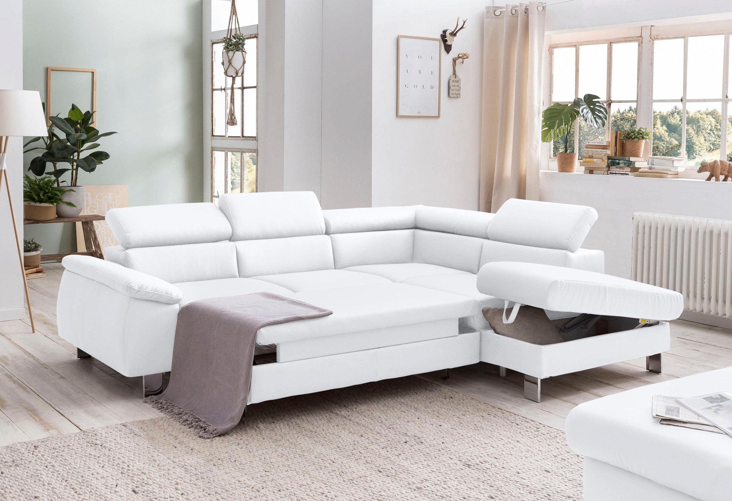 COTTA Ecksofa »Komaris L-Form mit Kopfteilverstellung«, wahlweise mit Bettfunktion, Bettkasten & Beleuchtung