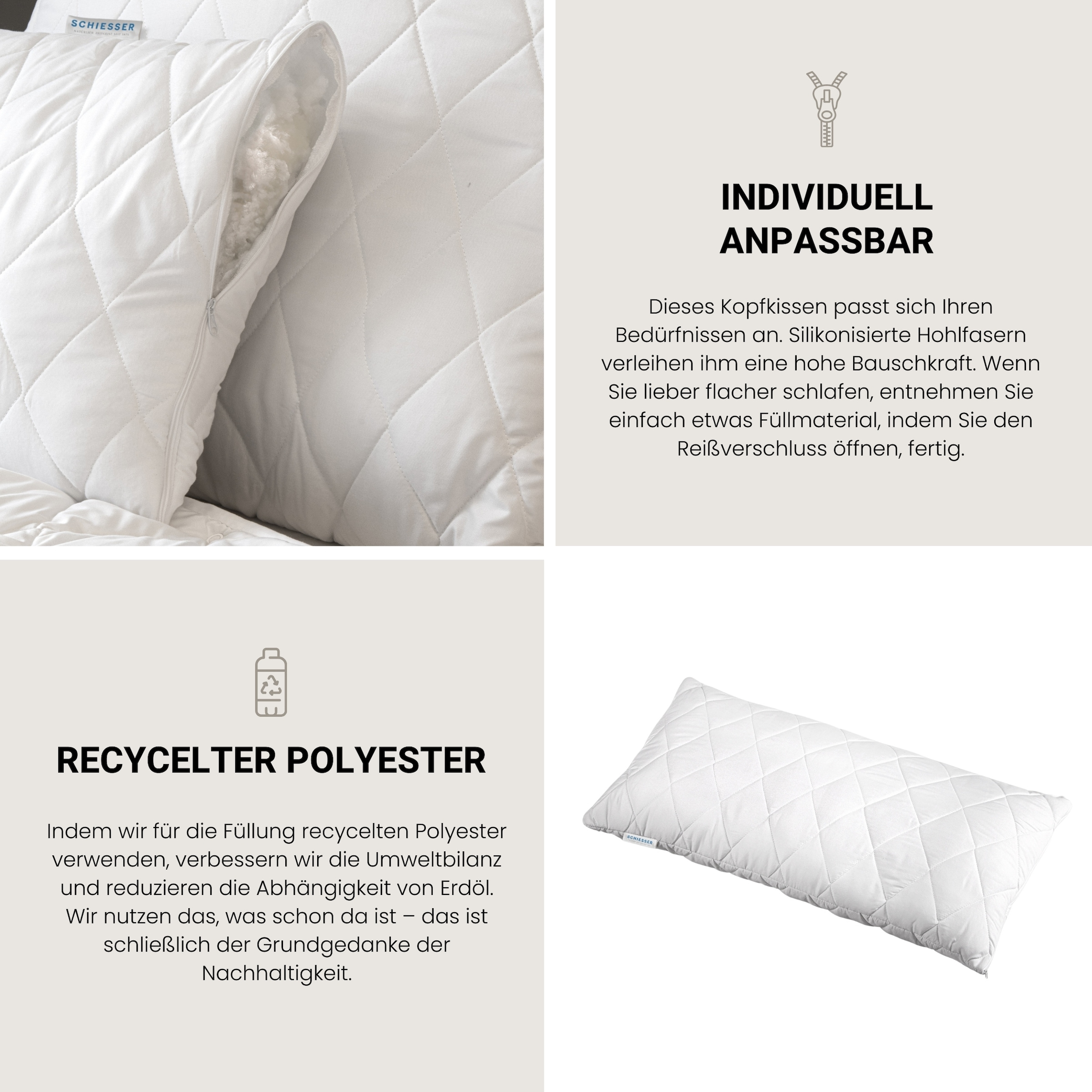 Schiesser Kopfkissen »Hygge mit recycelter Füllung und individueller Höhenanpassung« Füllung: hypoallergeneFaserfuellung Spar-Set, 1 Stk. tlg. für Allergiker geeignet