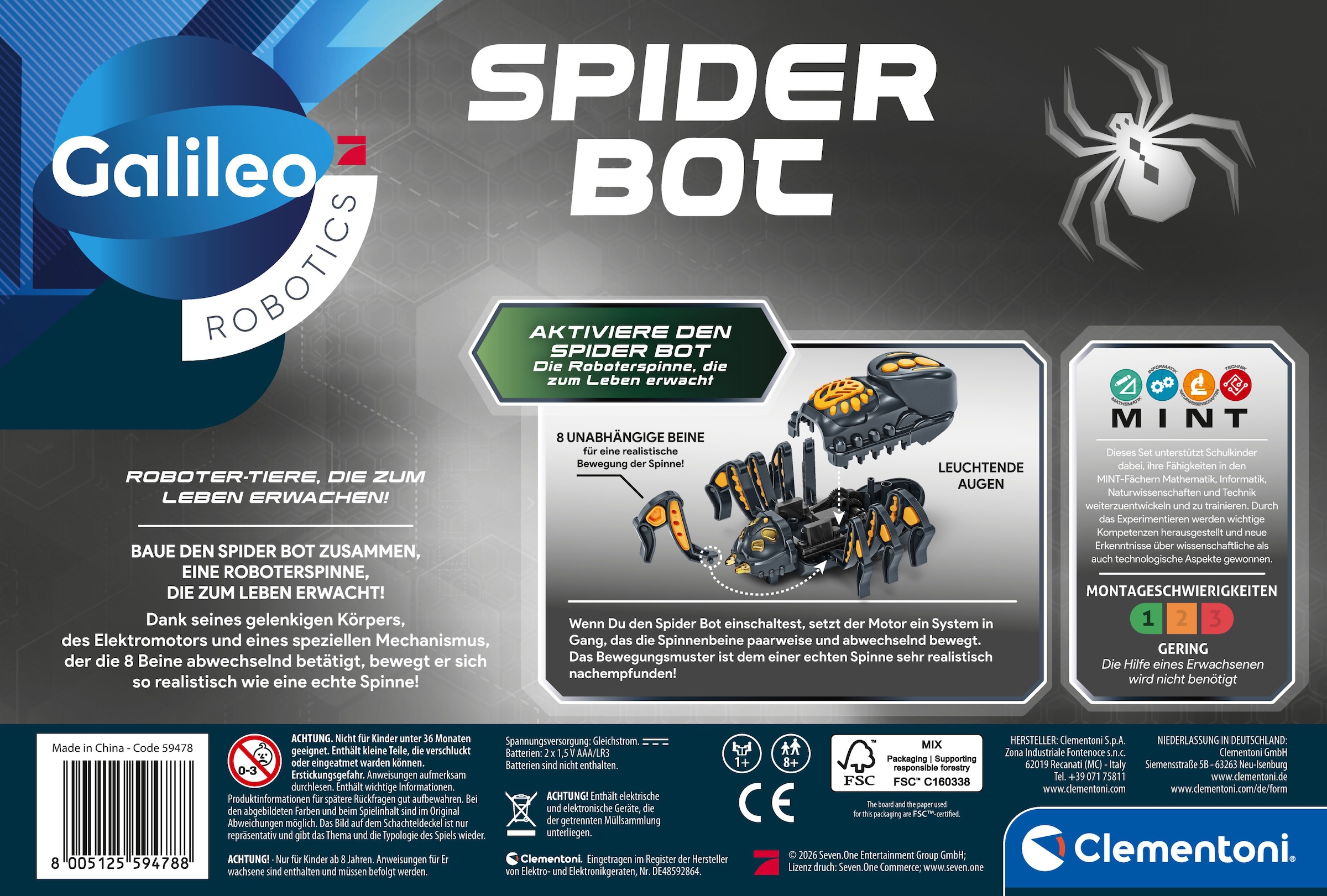 Clementoni® Robotertier »Galileo Robotics, SPIDER Bot« mit Licht