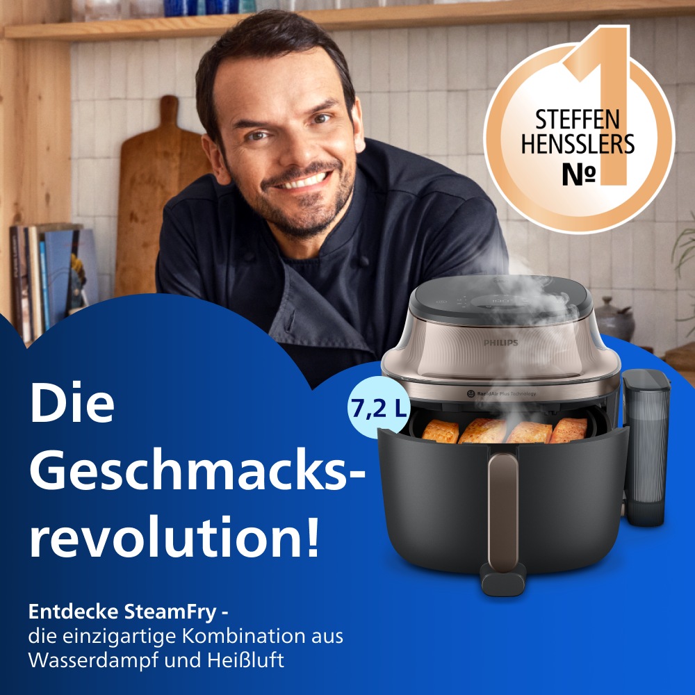 Philips Heißluftfritteuse »NA547/07 Steam Airfryer 5000 Series mit EasySlide, 7,2L Kapazität« 2000 W mit Dampfgarfunktion u. RapidAir Plus Technologie; Schwarz/Gold