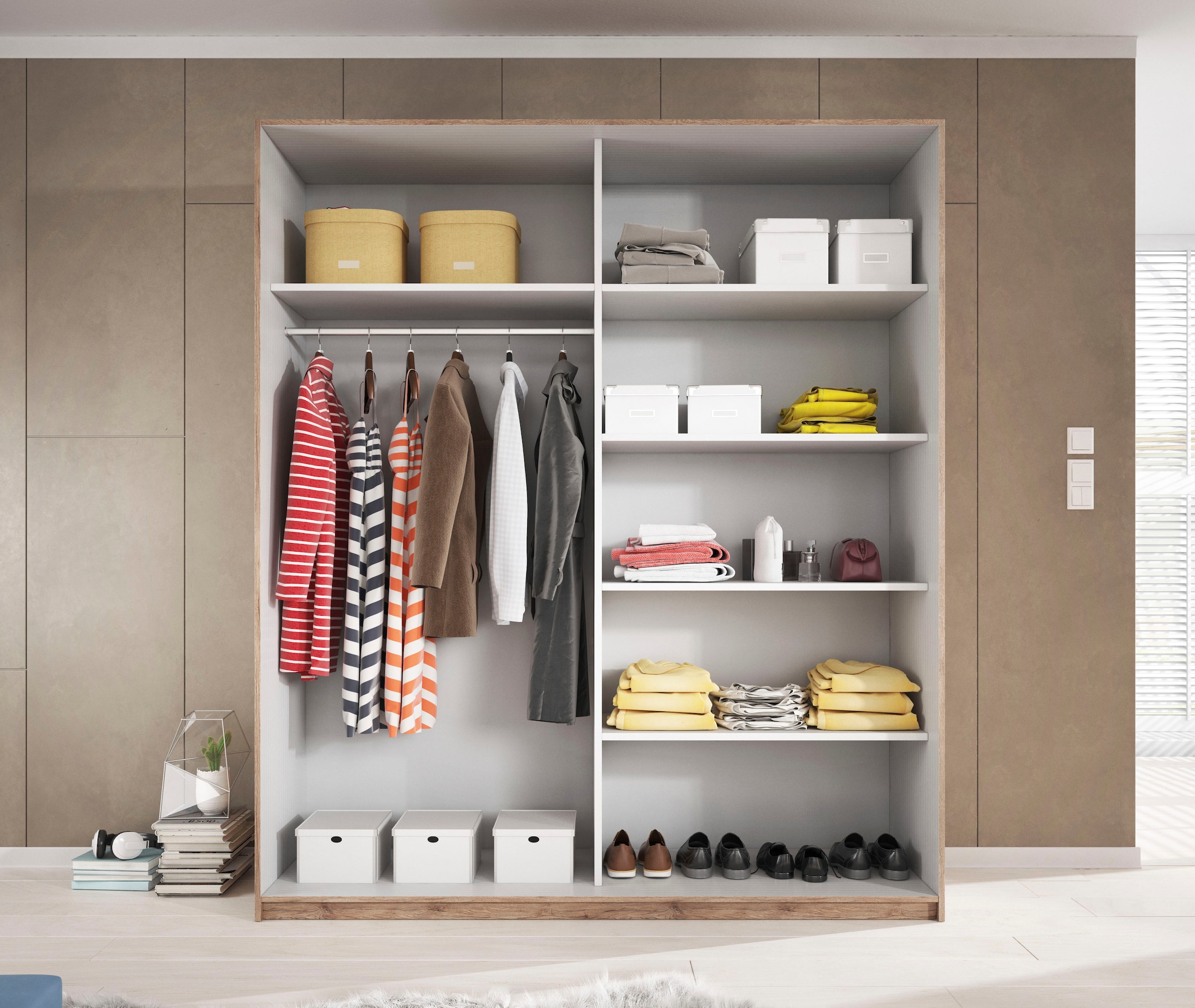 INOSIGN Schwebetürenschrank »Galaxy Kleiderschrank, Wäscheschrank 200, 220 oder 270cm breit«, INKLUSIVE kompletter Innenausstattung, Metallgriffe und Glasfront