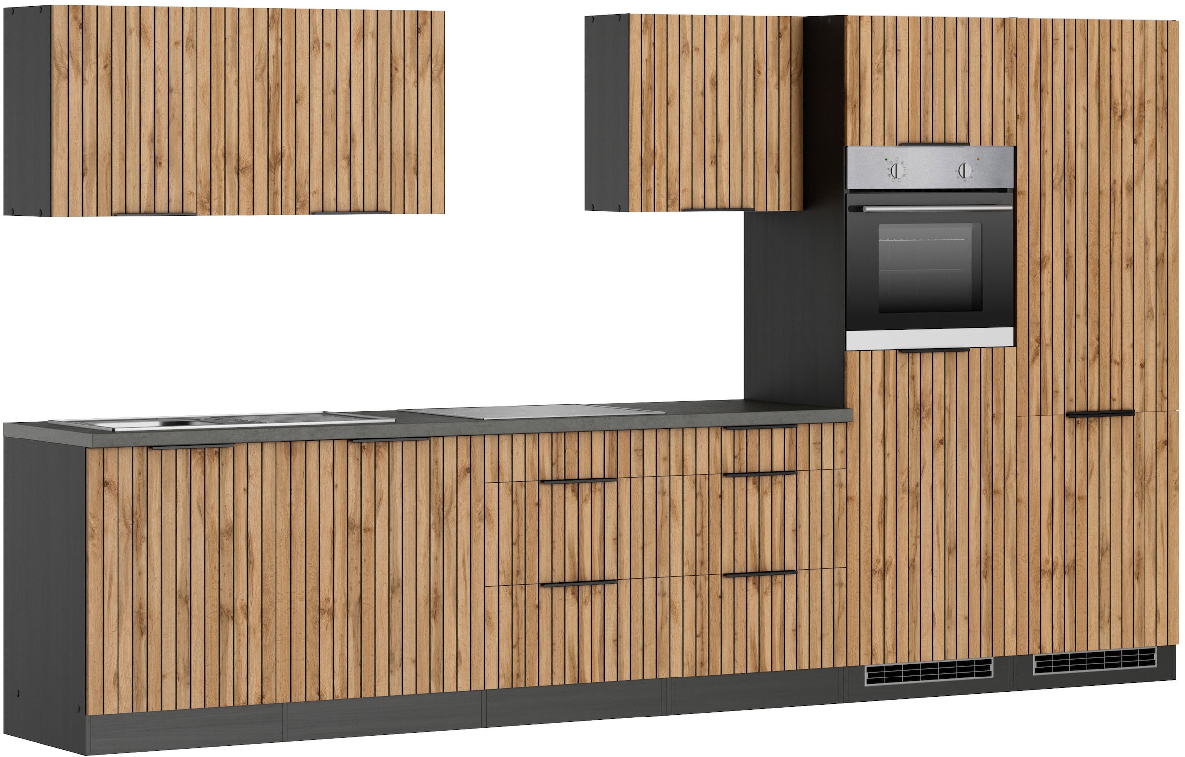 KOCHSTATION Küchenzeile »KS-Lagos, Breite 360 cm, wahlweise mit E-Geräten« Ceran-oder Induktionskochfeld, Spüle edelstahl oder schwarz