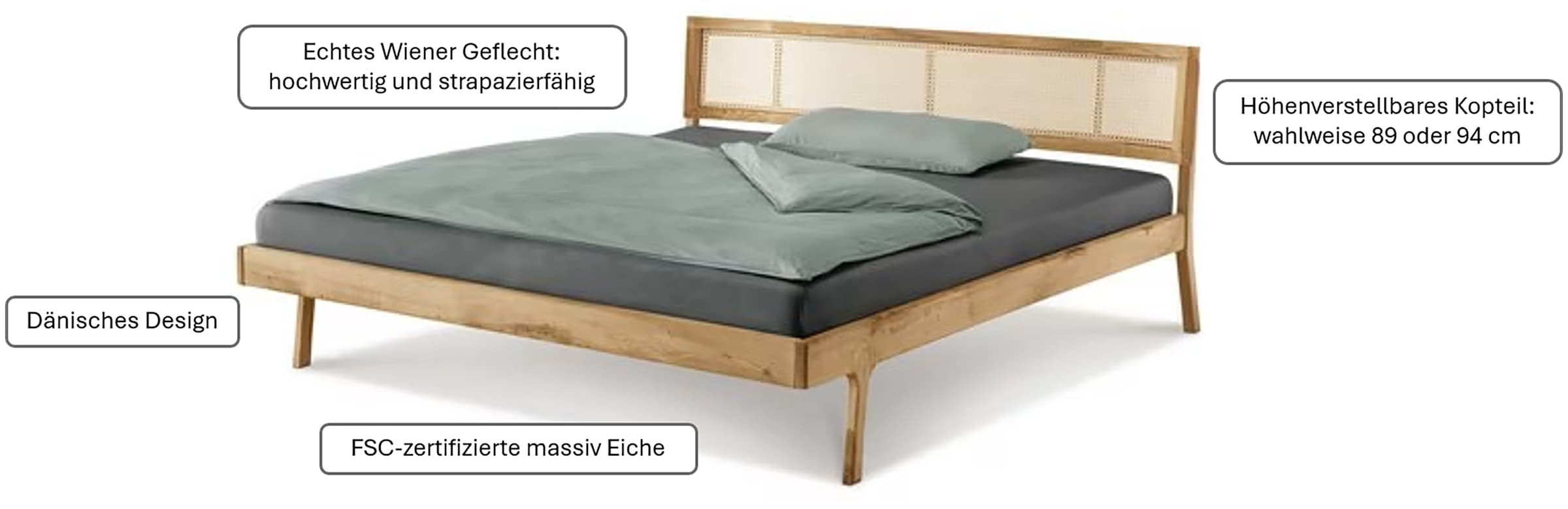 Home affaire Bett »Hällevik Doppelbett, Massivholzbett, OTTOs Choice,« Massive FSC®-zertifizierte Eiche geölt, Kopfteil mit Wiener Geflecht