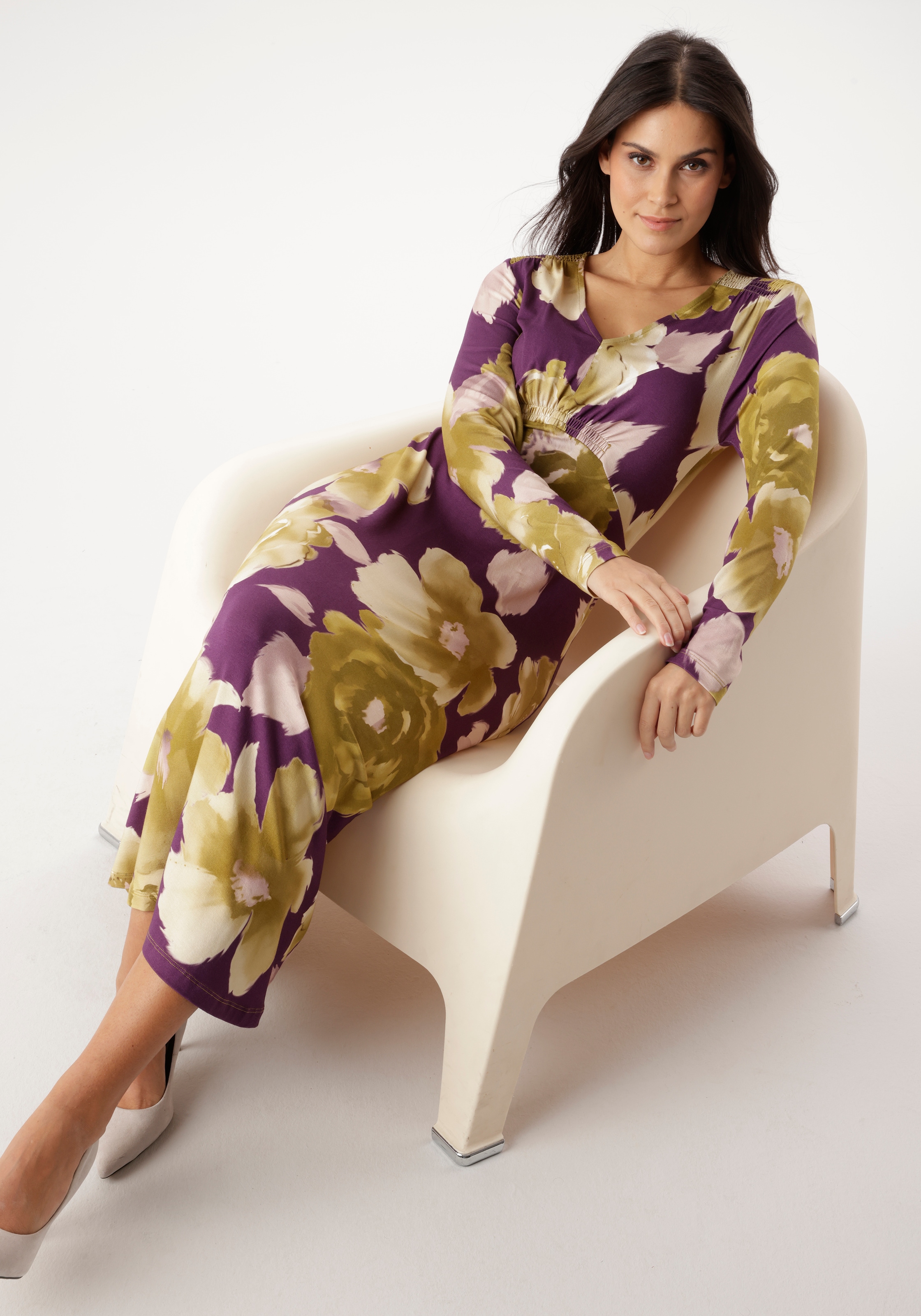 Aniston SELECTED Midikleid mit Smok-Details und fantasievollem Blütendruck - NEUE KOLLEKTION