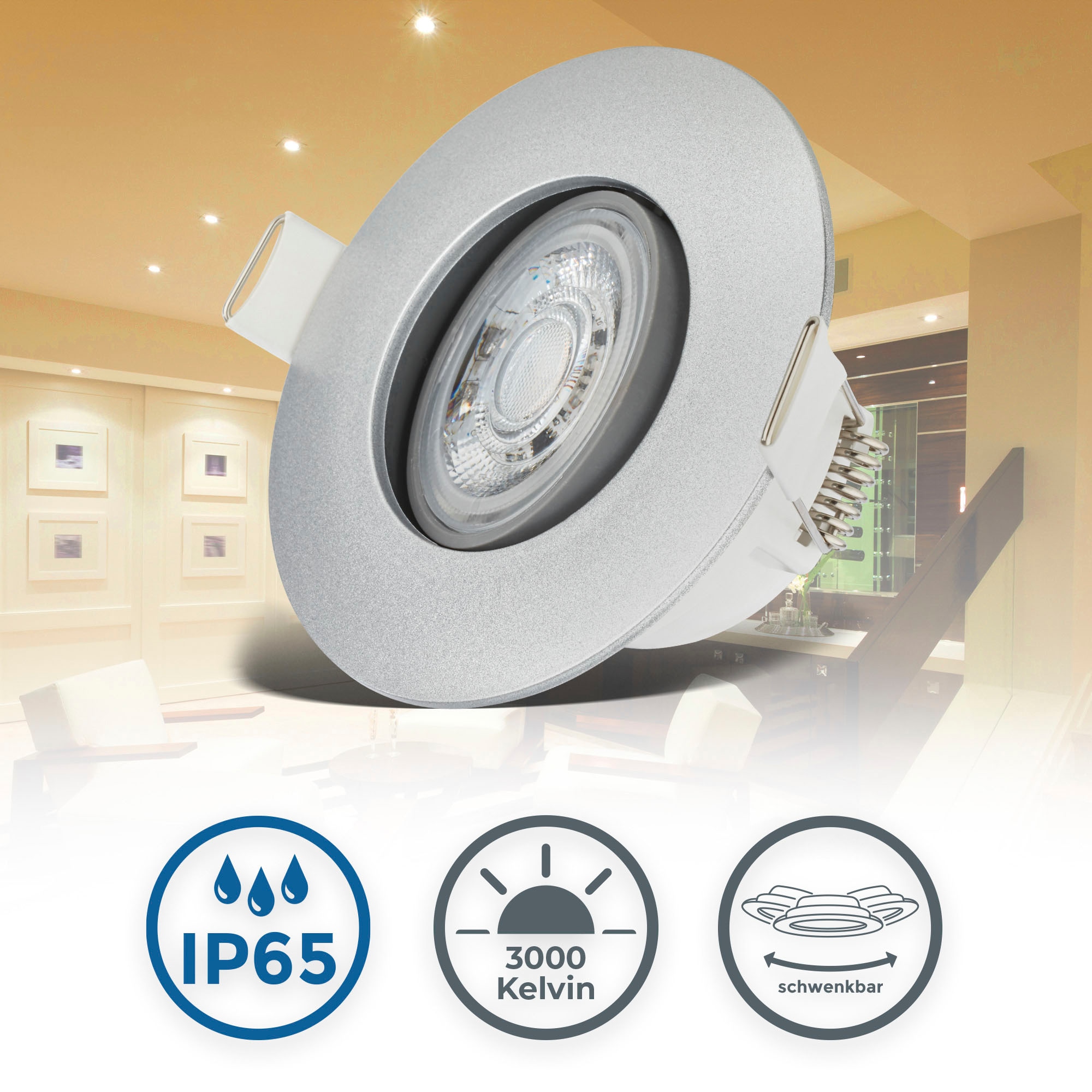 B.K.Licht LED Einbauleuchte »BK_EL1582 LED Bad Einbauleuchten IP65 6er-Set Schwenkbar«, 4,9W 480Lm 3.000K