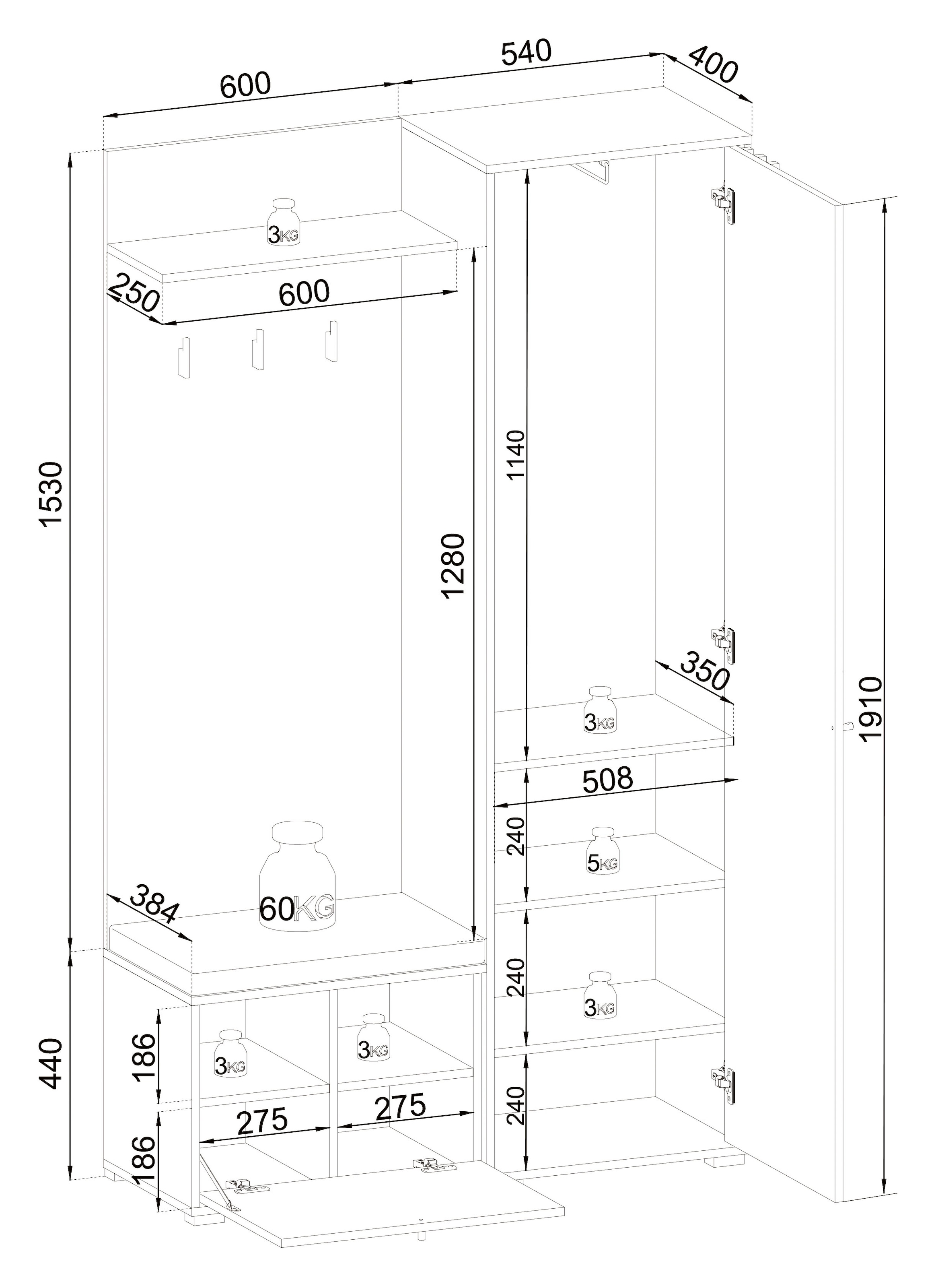 HBZ Kompaktgarderobe »Volano in schwarz Eiche Artisan, BxHxT 114x197x40 cm«, (1 St.), Mit Schubkästen und Türen mit Softclose