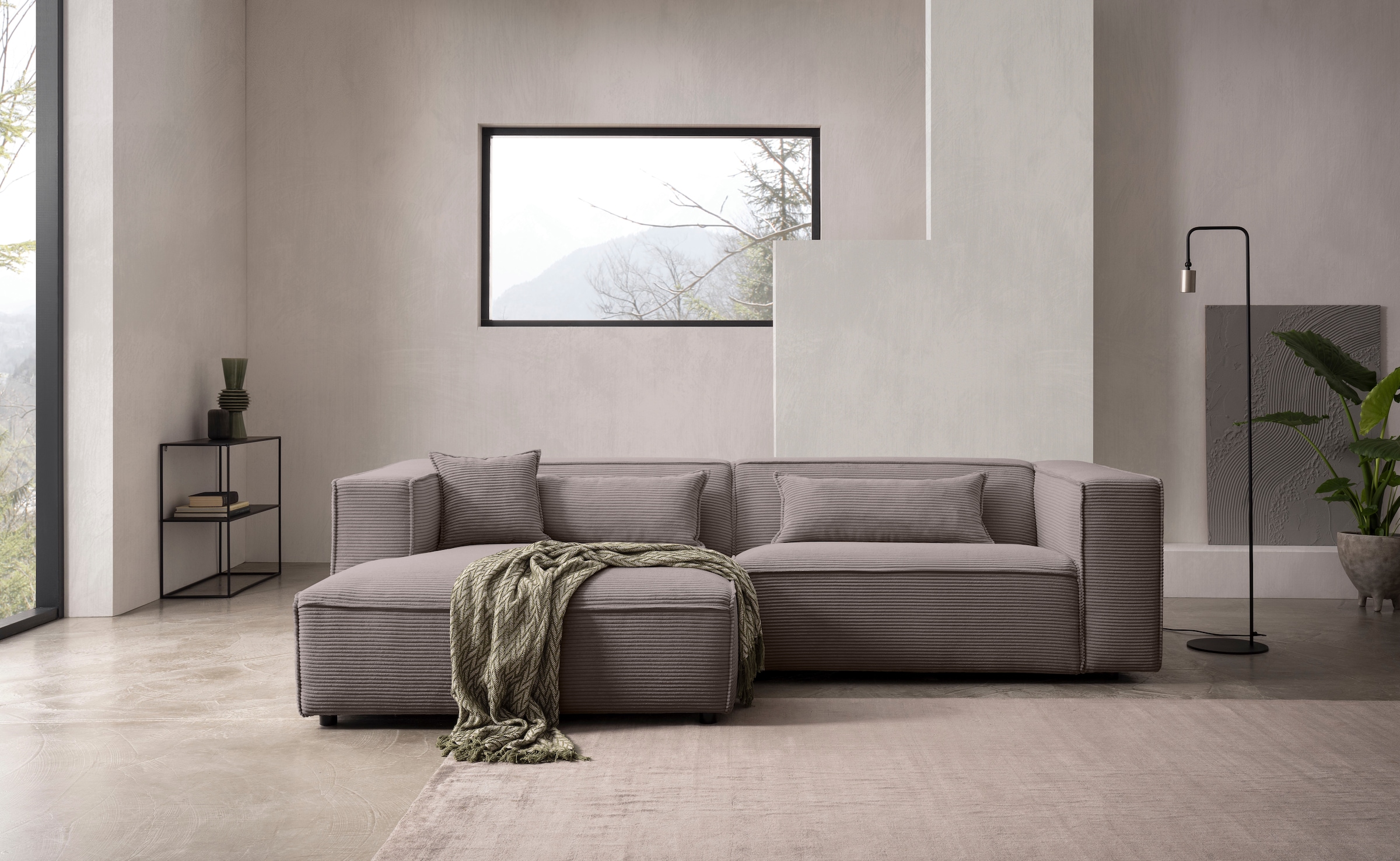LeGer Home by Lena Gercke Ecksofa »PIARA mit Kedernaht, Cord, Leinenoptik o. Strukturstoff, Couch, L-Form« wahlweise Ottomane rechts/links, schwarze Füße, bequemer Sitzkomfort