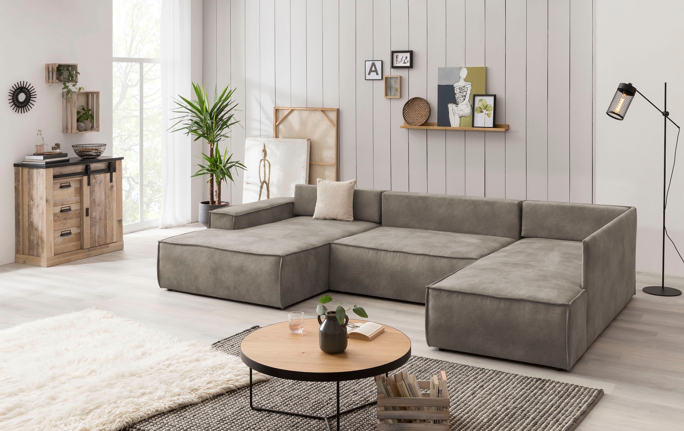 Home affaire Wohnlandschaft »SHERWOOD 329 cm, U-Form, Schlafsofa,«, Schlaffunktion m. Bettkasten (194x139 cm), Cord, Vintage, Samtvelours