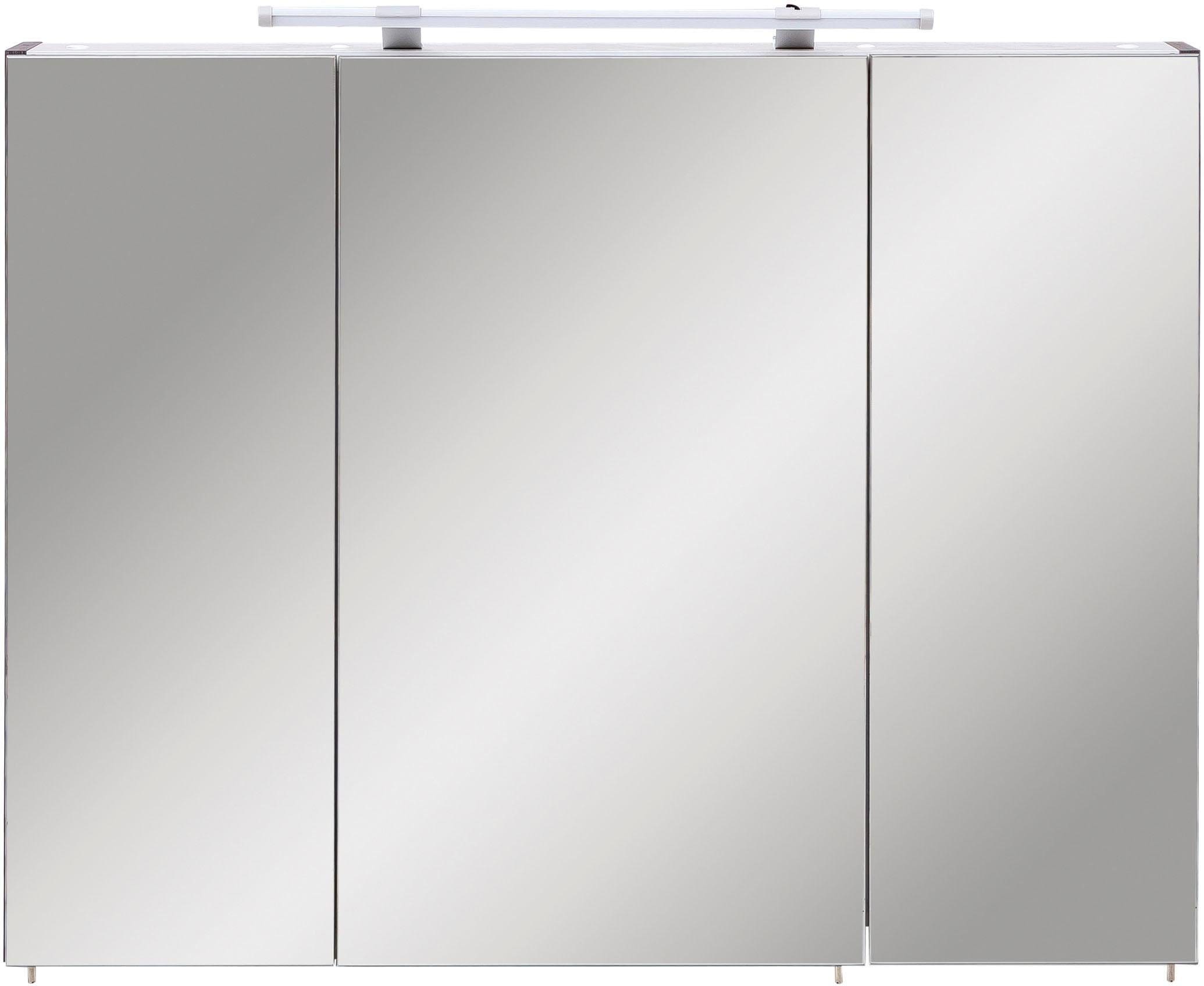 Schildmeyer Spiegelschrank »Dorina, mit höhenverstellbaren Glasböden«, Breite 90 cm, 3-türig, LED-Beleuchtung, Schalter-/Steckdosenbox