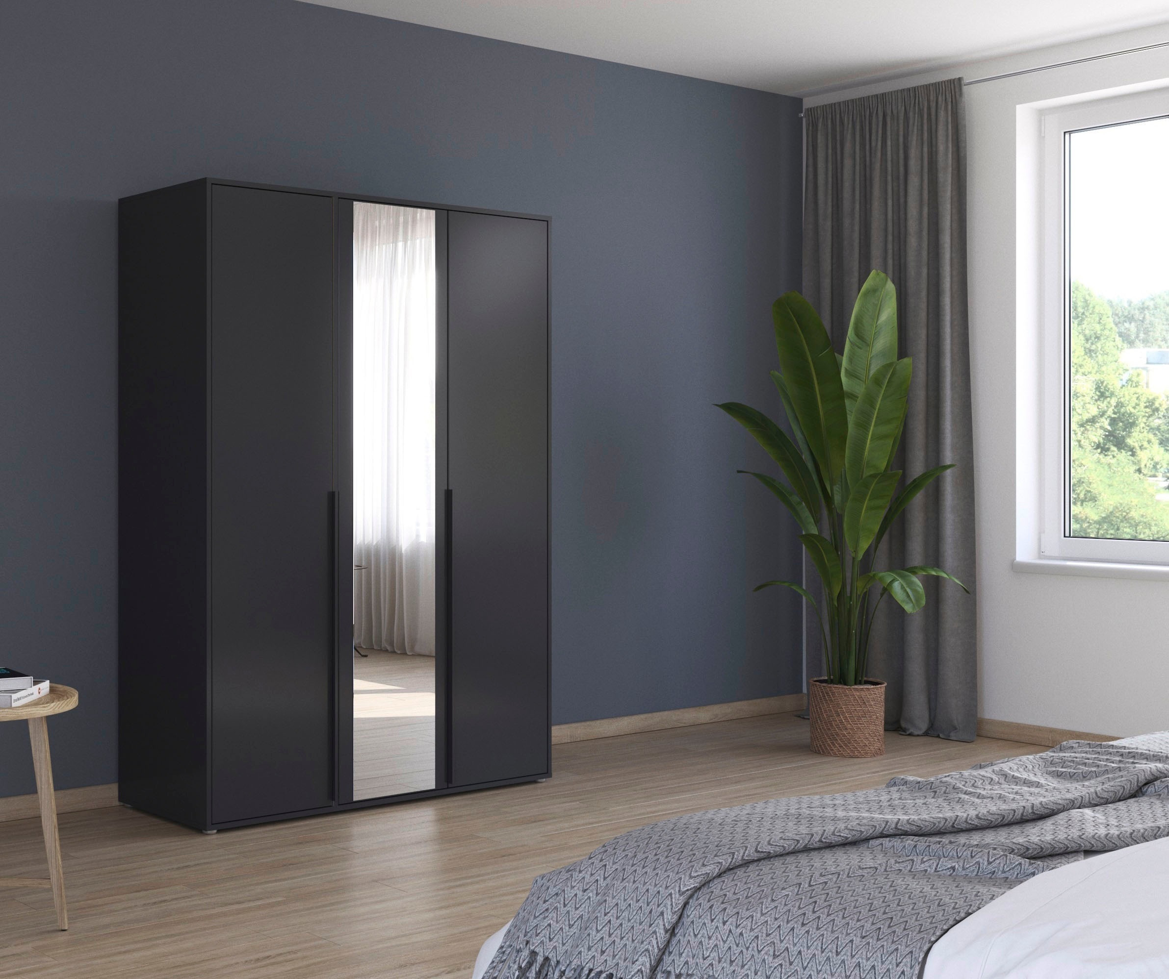rauch Drehtürenschrank »Kleiderschrank Schrank Garderobe Wäscheschrank NAGATA mit Spiegel«, (in 3 verschiedenen Ausstattungen BASIC/CLASSIC/PREMIUM), und modernen Stangengriffen in Graumetallic TOPSELLER MADE IN GERMANY